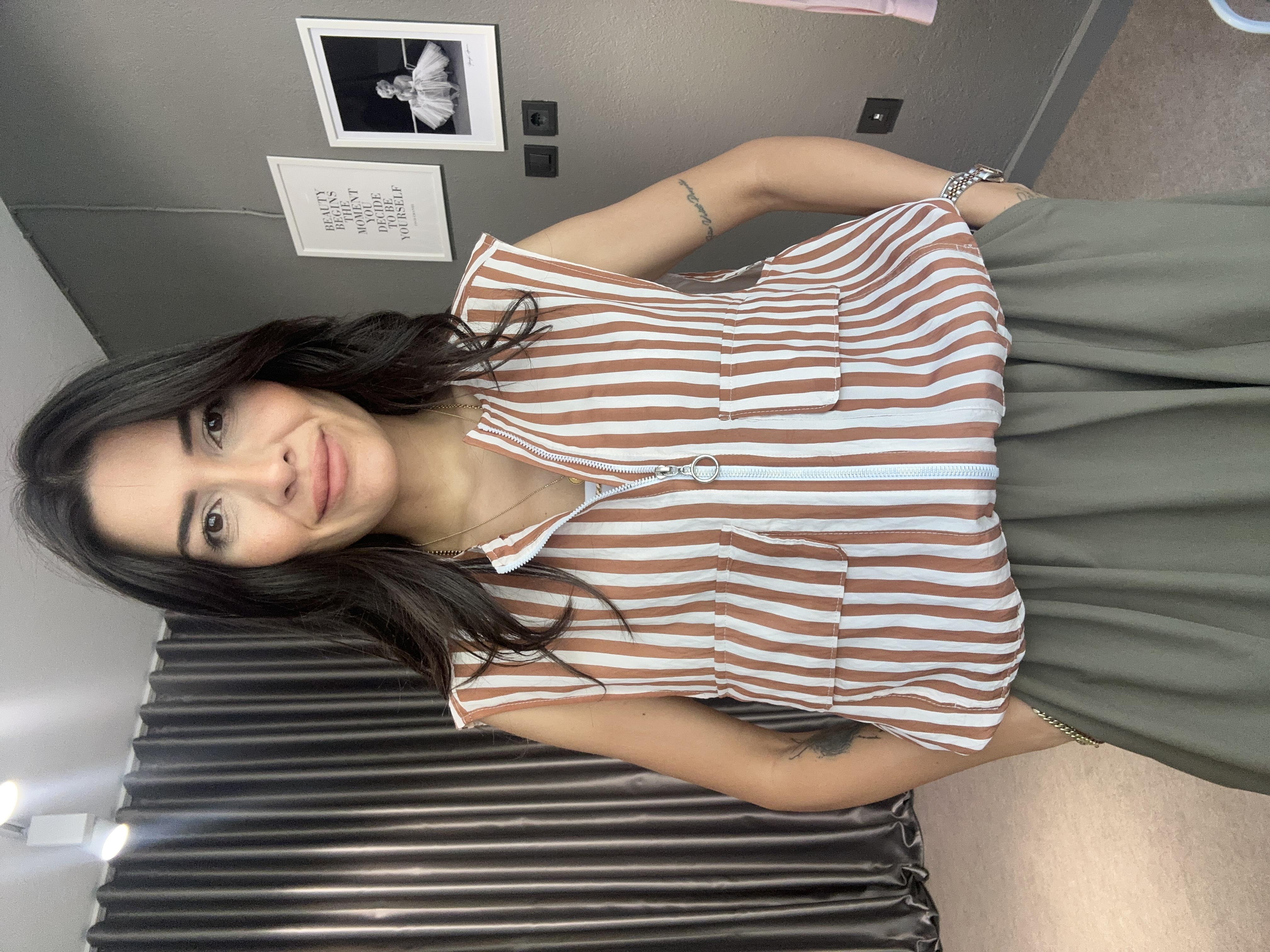 Kahverengi-Beyaz Çizgili Oversize Yelek