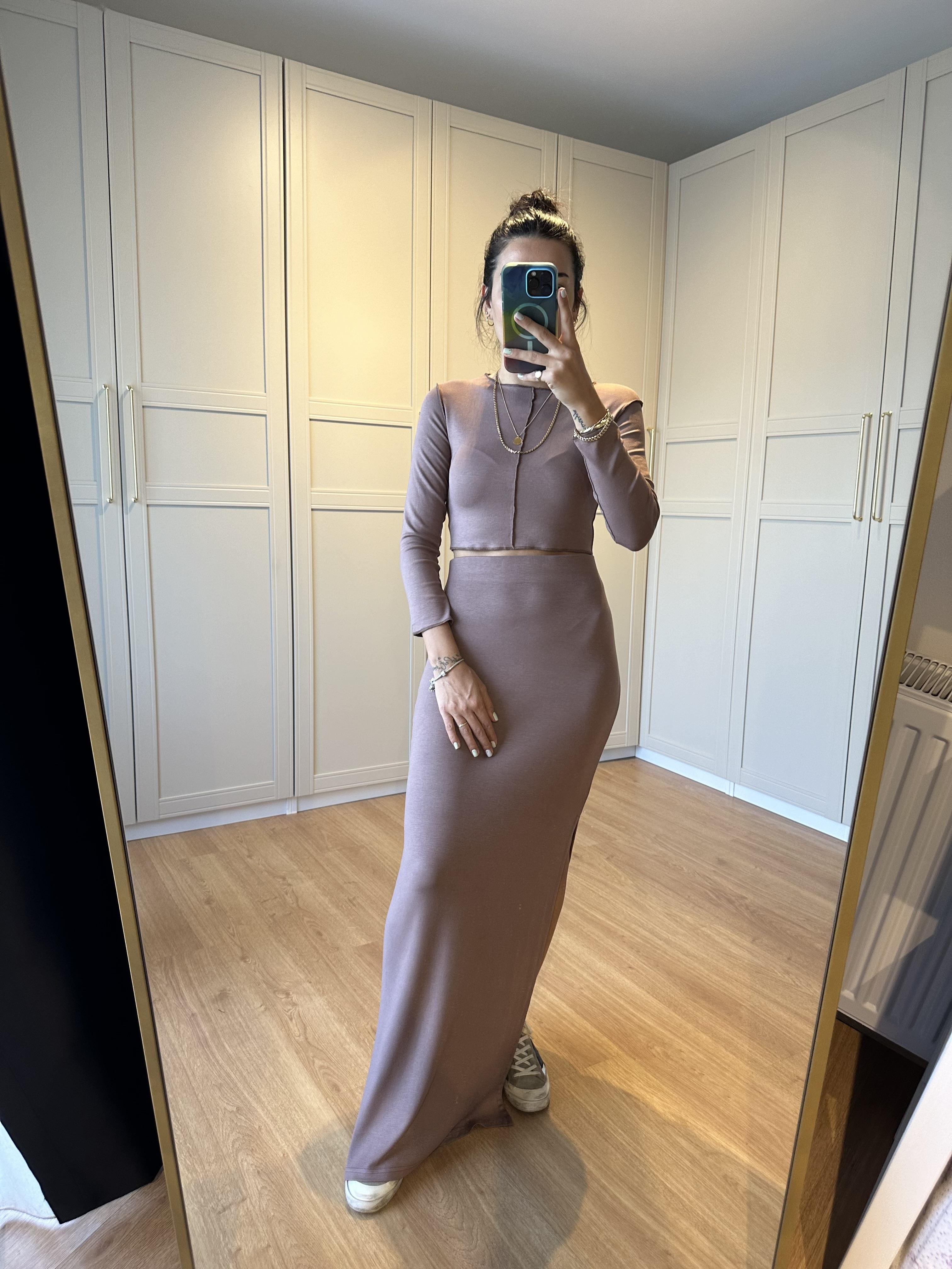 Kahverengi Dikişli Crop Bluz