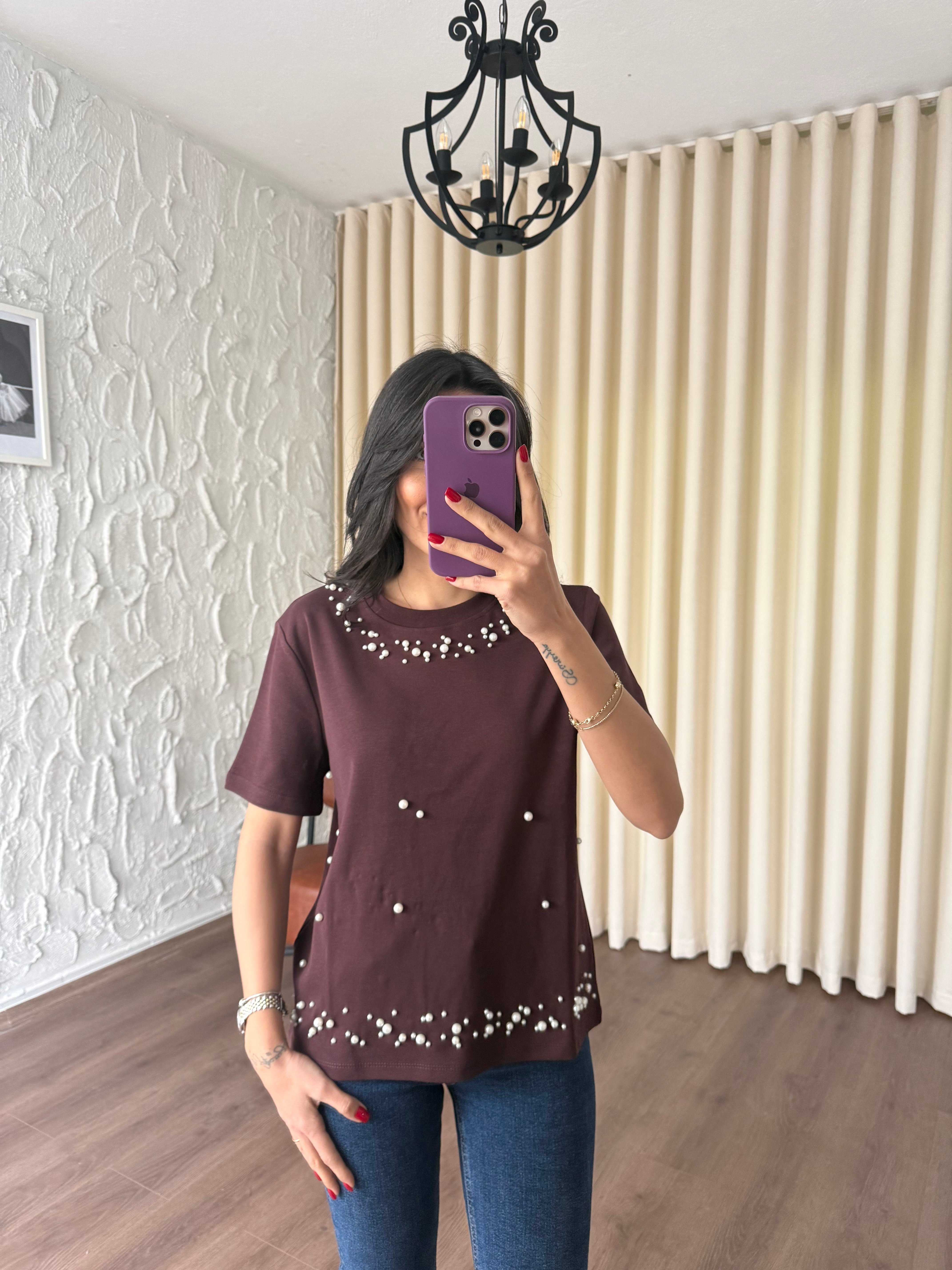 Kahverengi İncili Tshirt