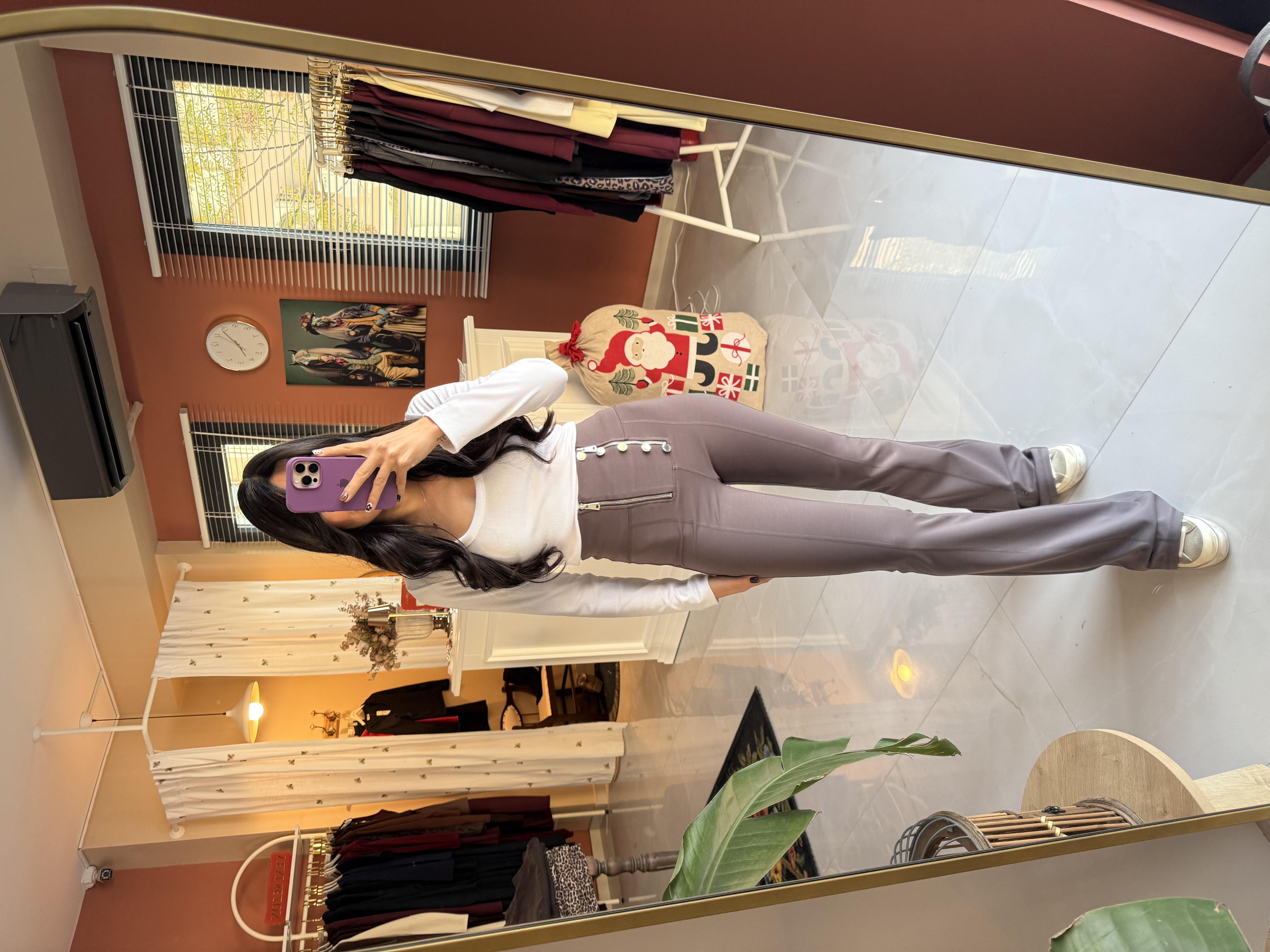 Kahverengi İspanyol Paça Çift Fermuarlı Düğmeli Tayt