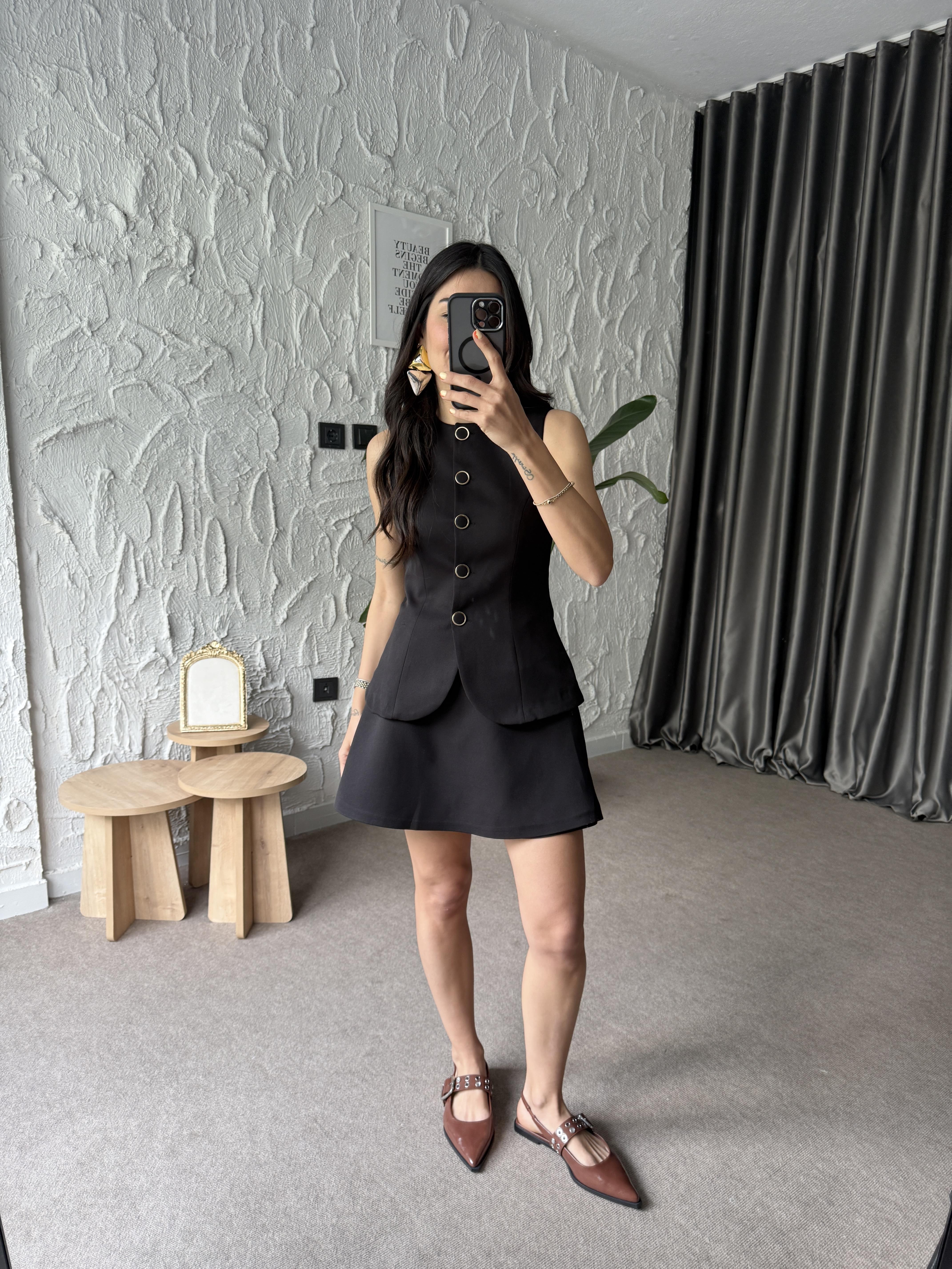 Kaplama Gold Düğmeli Tulum - Siyah