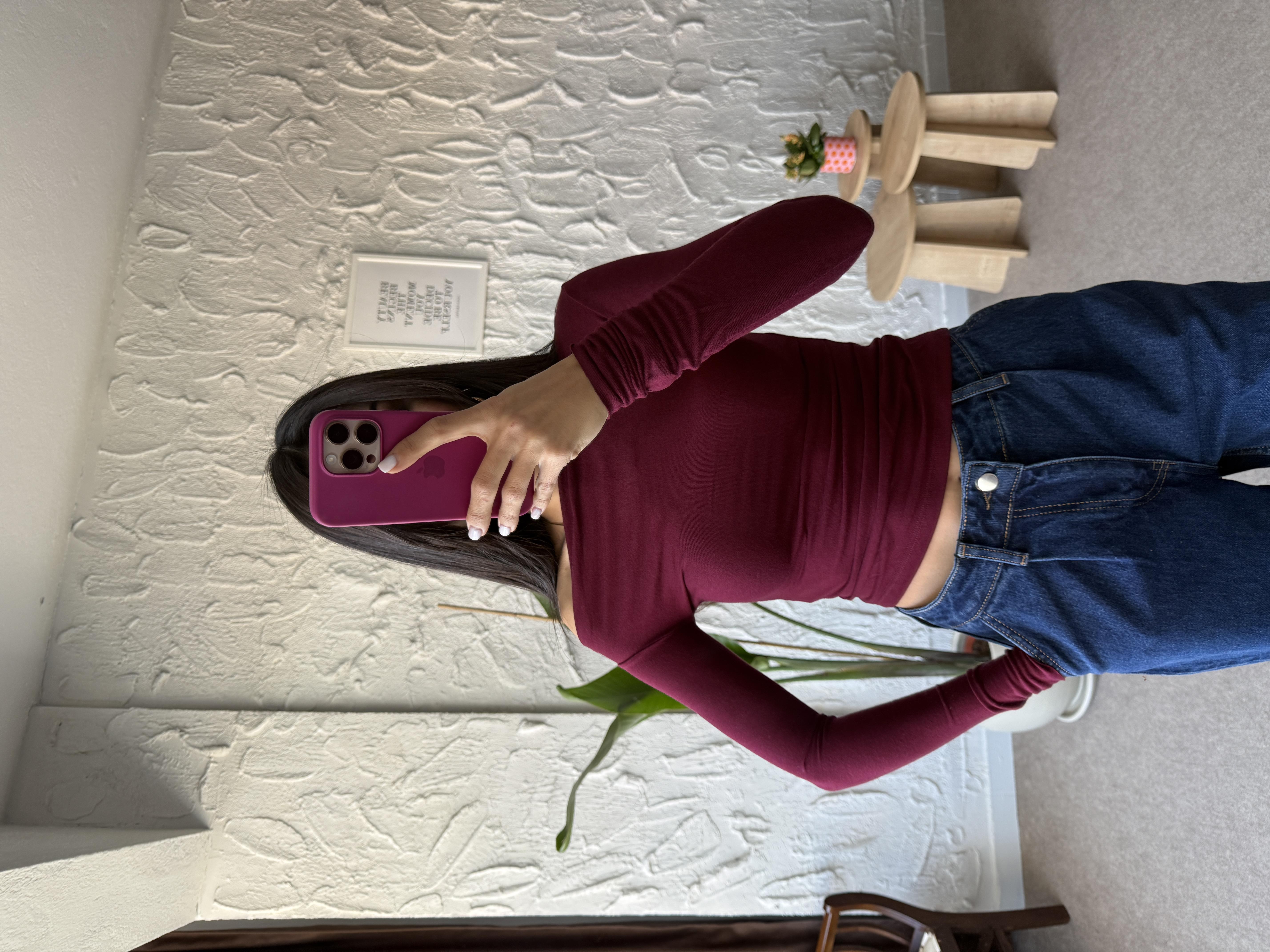 Kayık Yaka Drapeli Mürdüm Pamuklu Bluz