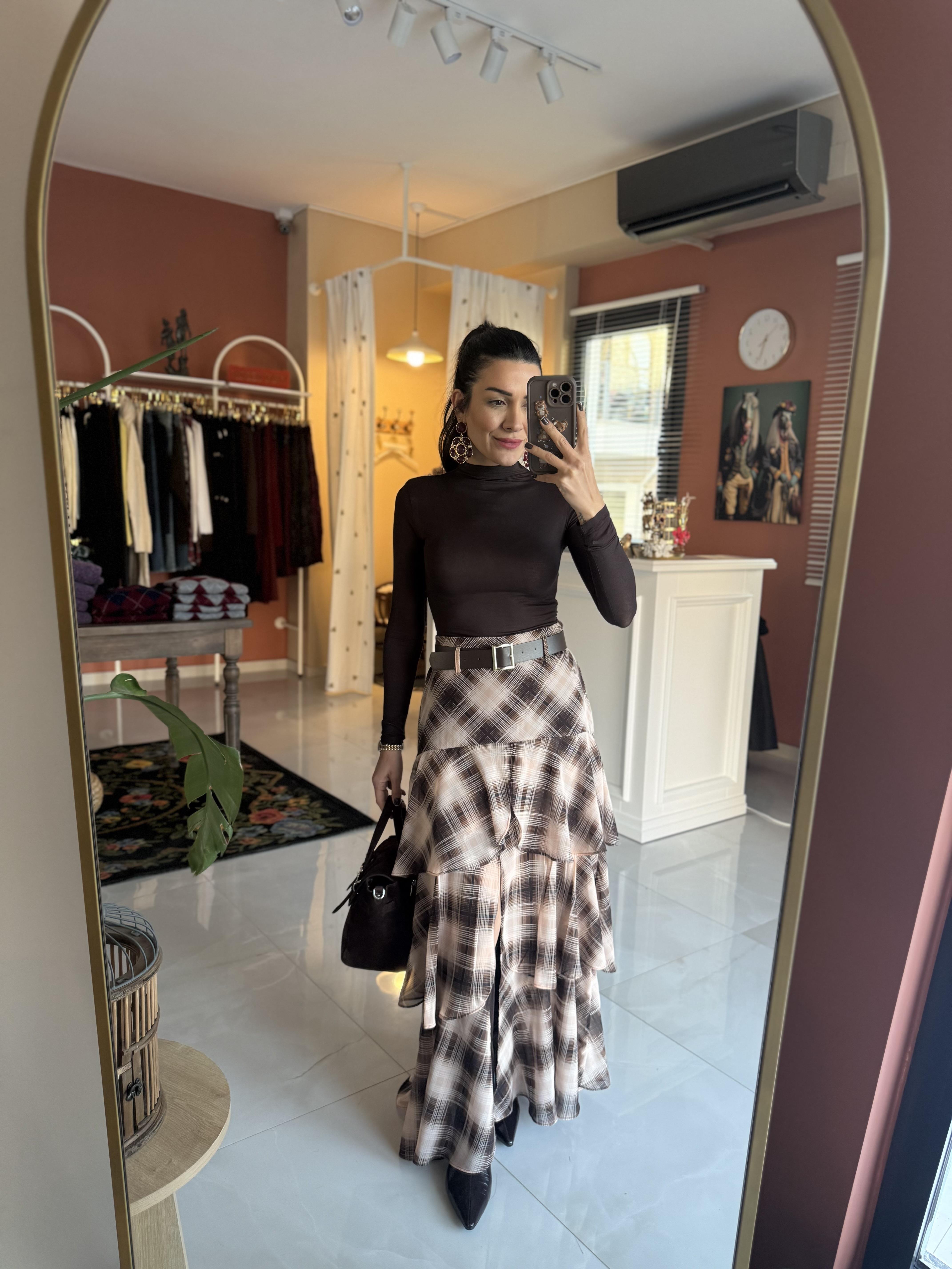 Kemerli Ekoseli Kat Kat Dökümlü Kahve Etek