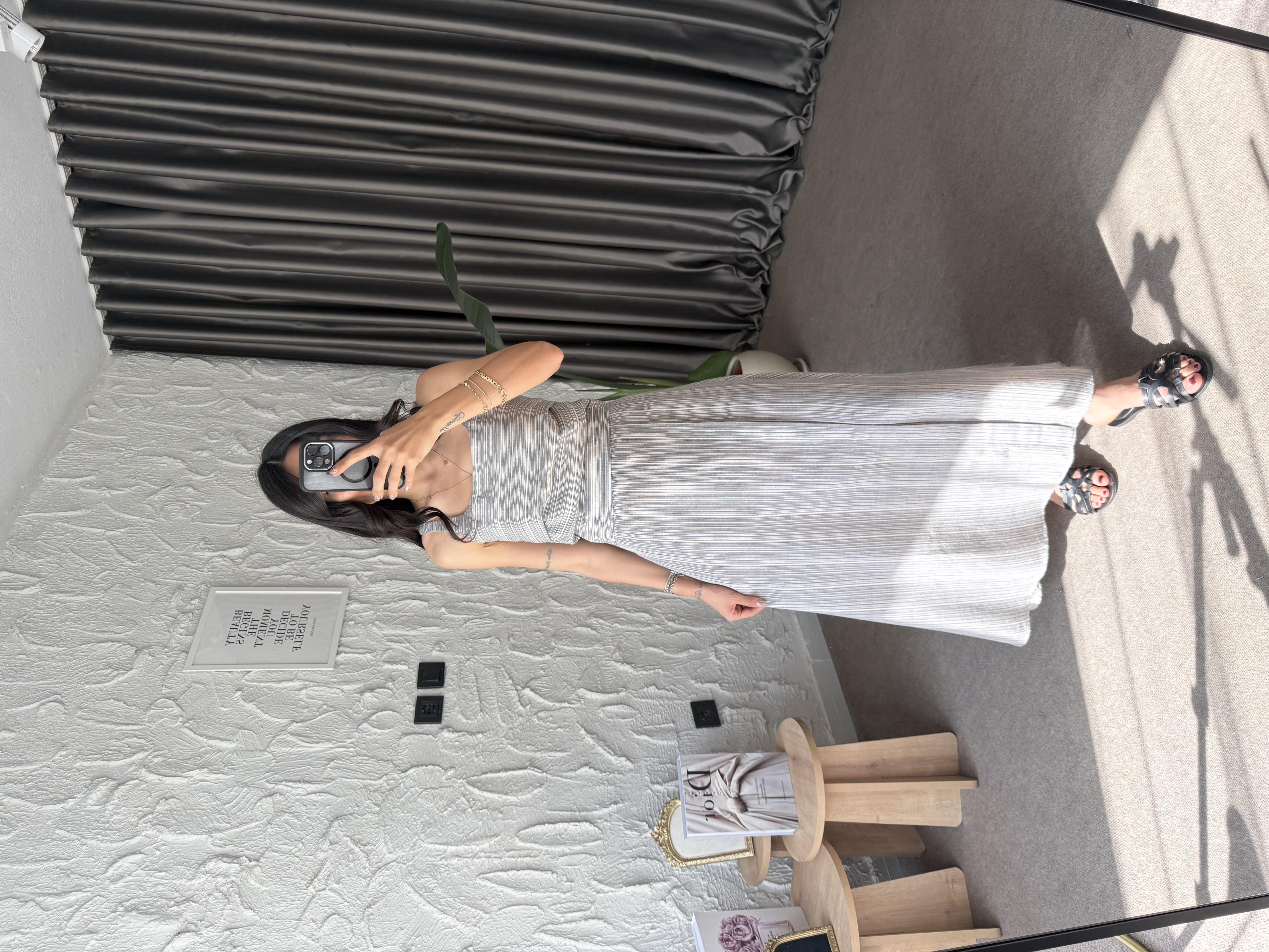 Keten Çizgili Elbise