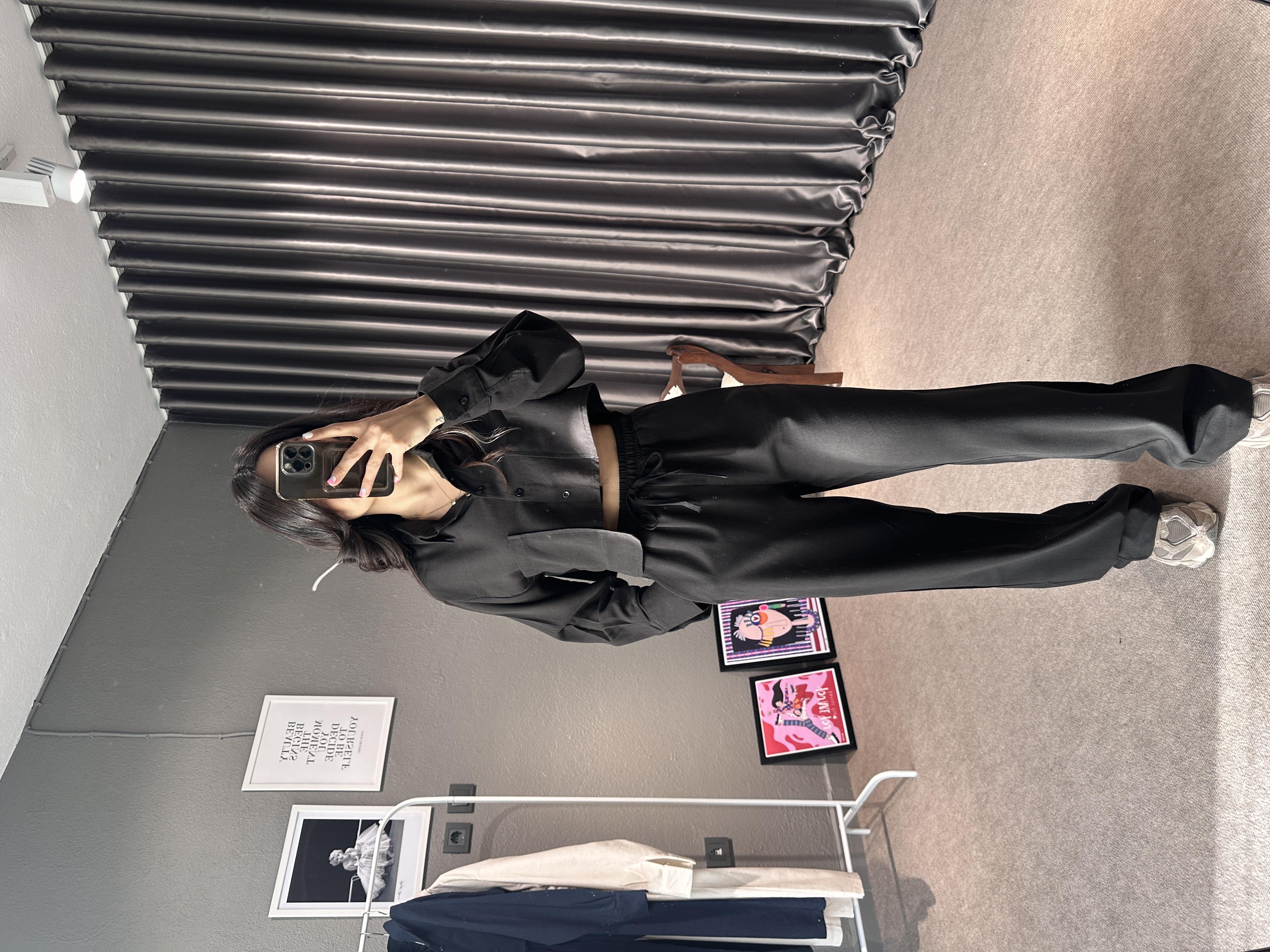 Keten Siyah Uzun Kol Crop Gömlek-Pantolon Takım