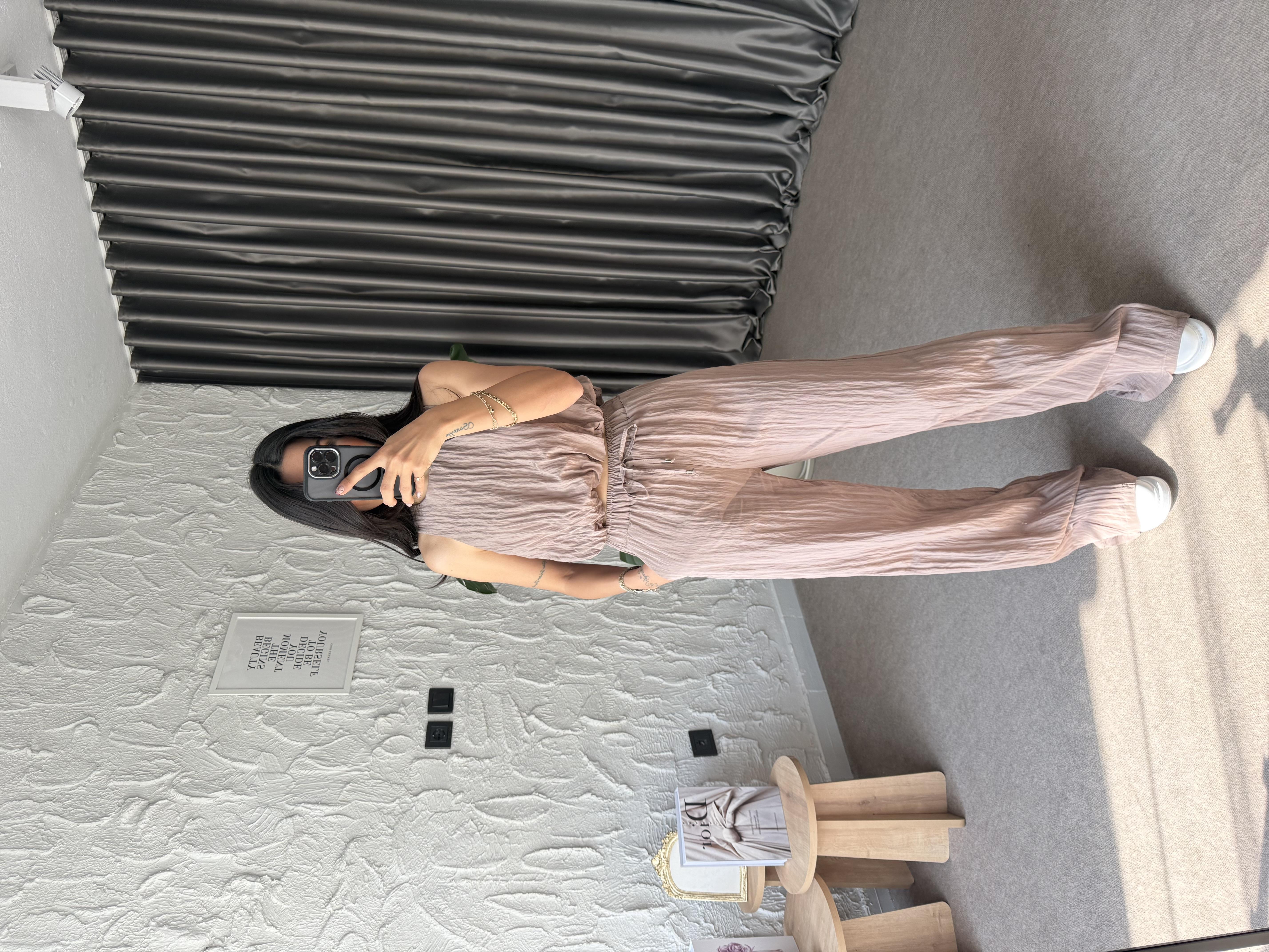 Kırışık Görünümlü Kahverengi Bluz - Pantolon