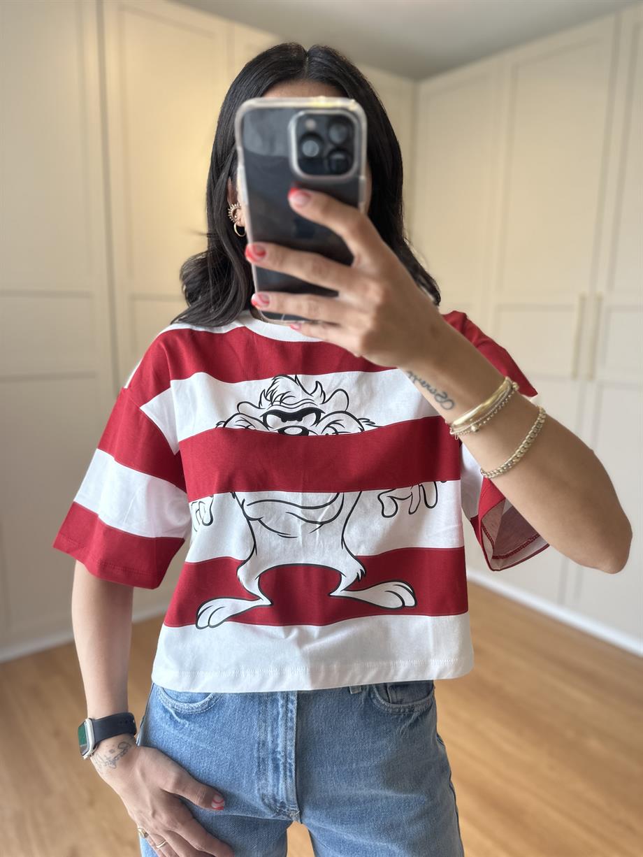 Kırmızı Beyaz Çizgili Logolu Tshirt