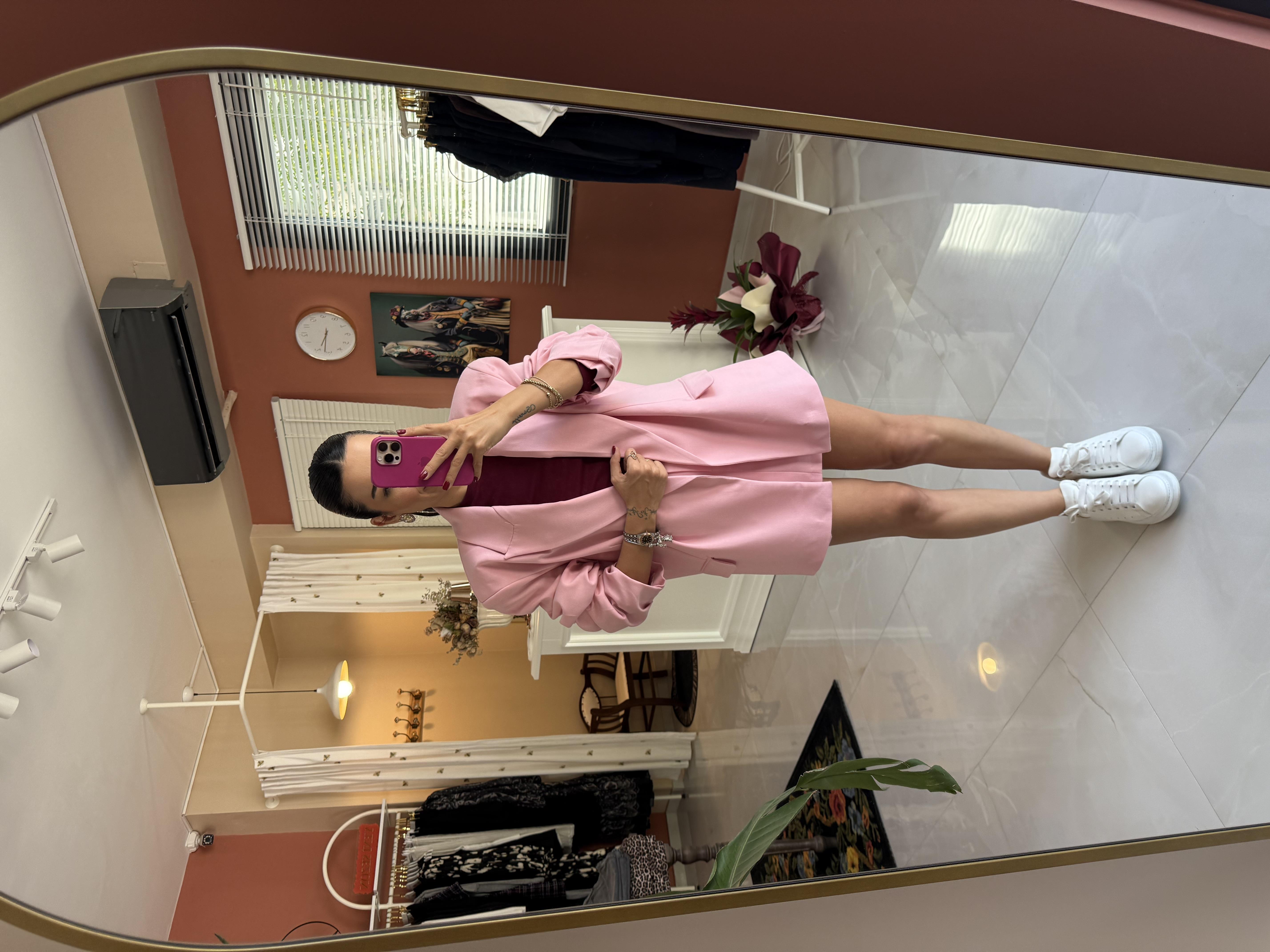 Kolu Büzgülü Oversize Ceket Şort Etek - Pembe · 2