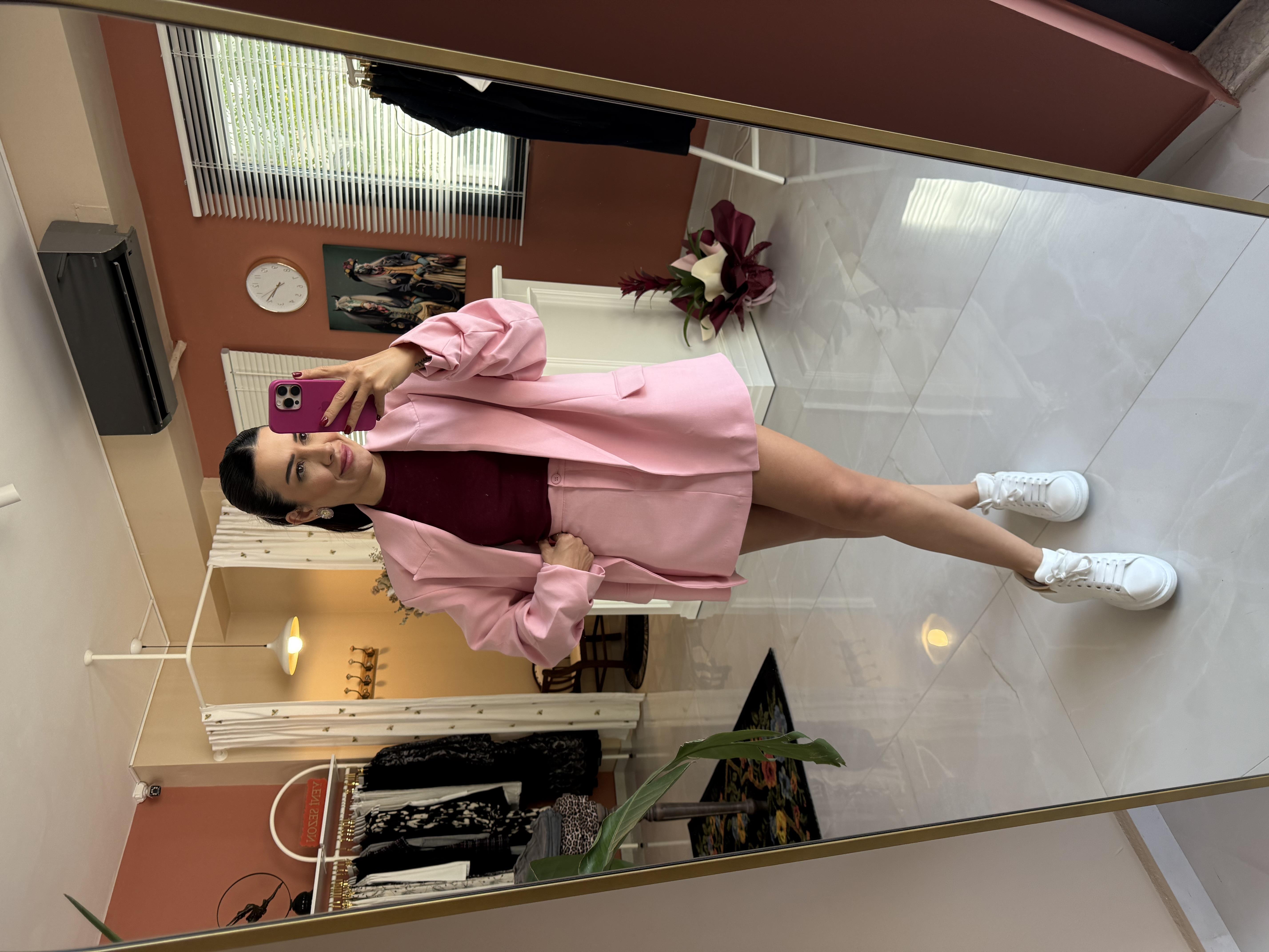 Kolu Büzgülü Oversize Ceket Şort Etek - Pembe