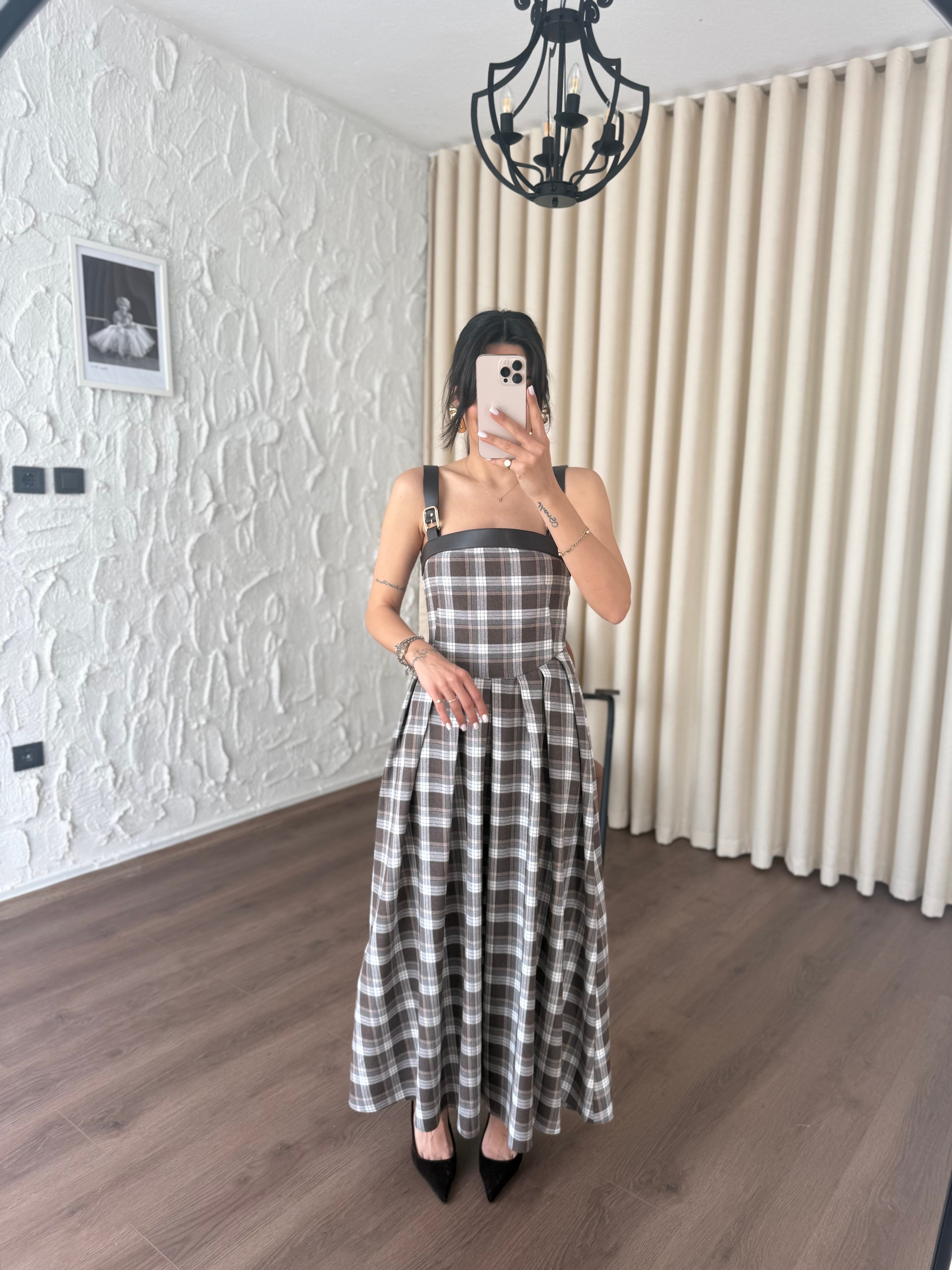 Korse Model Deri Detaylı Kahve Elbise