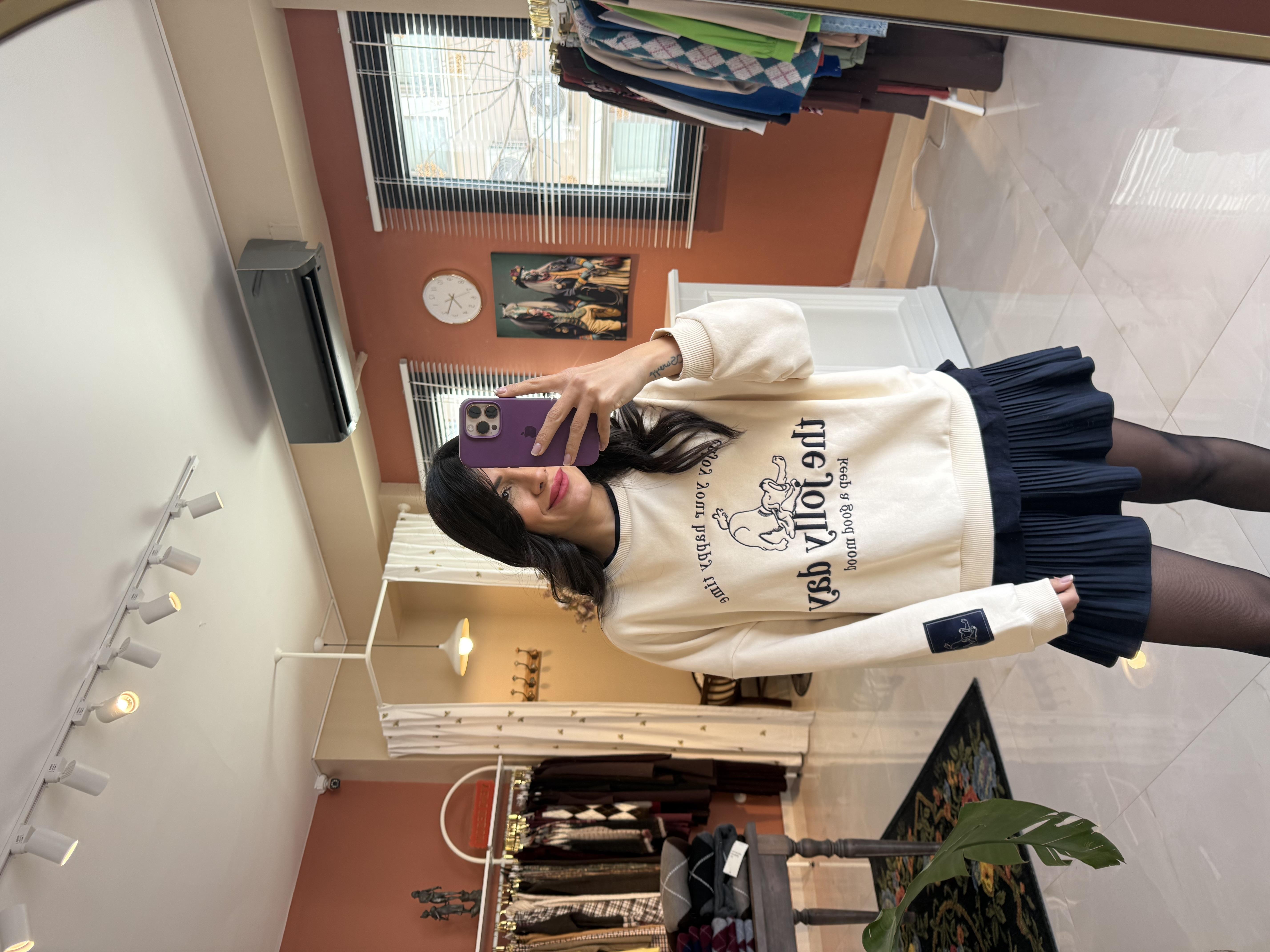 Krem Köpek Nakış İşlemeli Lacivert Tshirt Biyeli Sweatshirt 