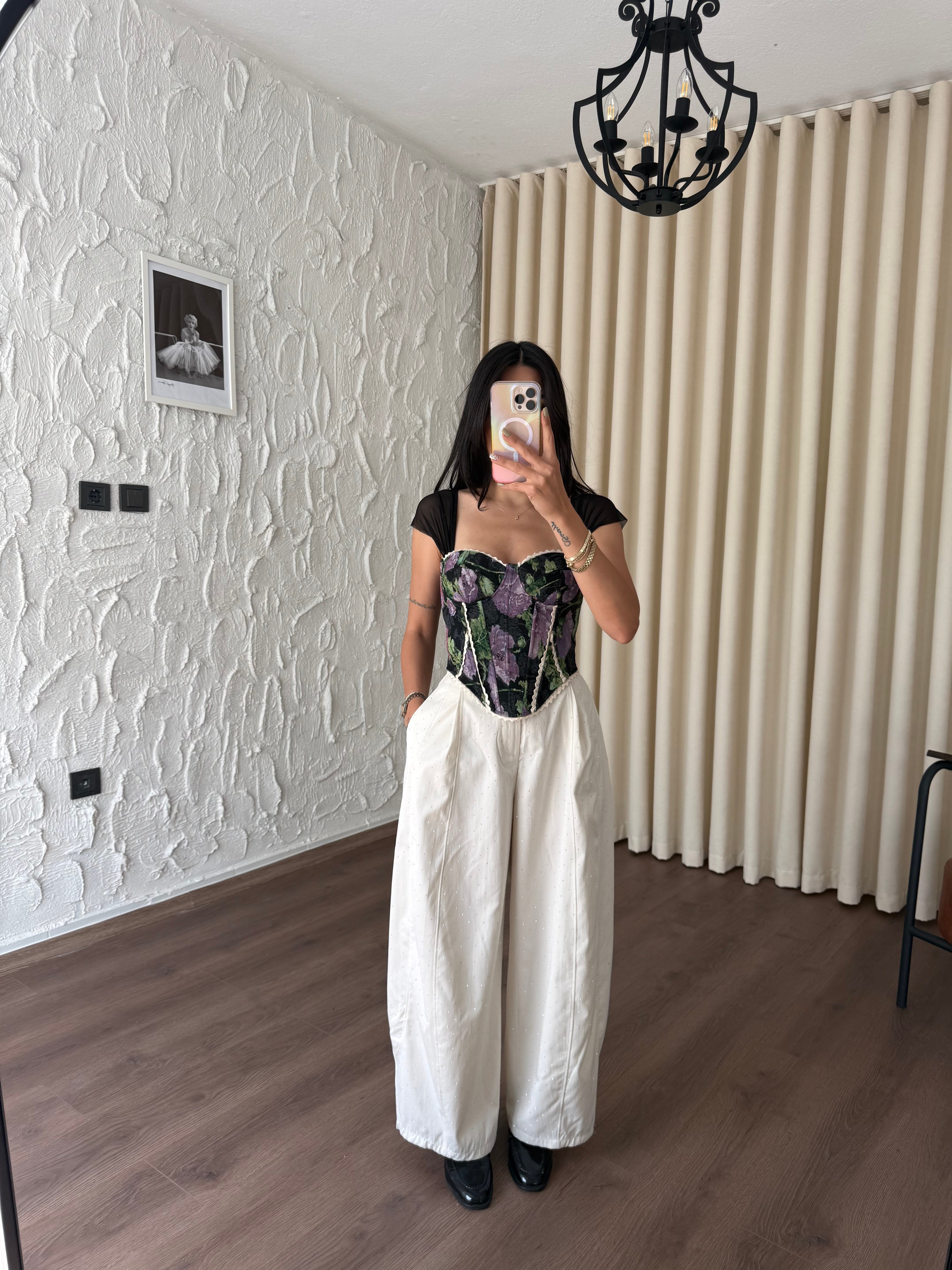 Krem Taşlı Balon Pantolon
