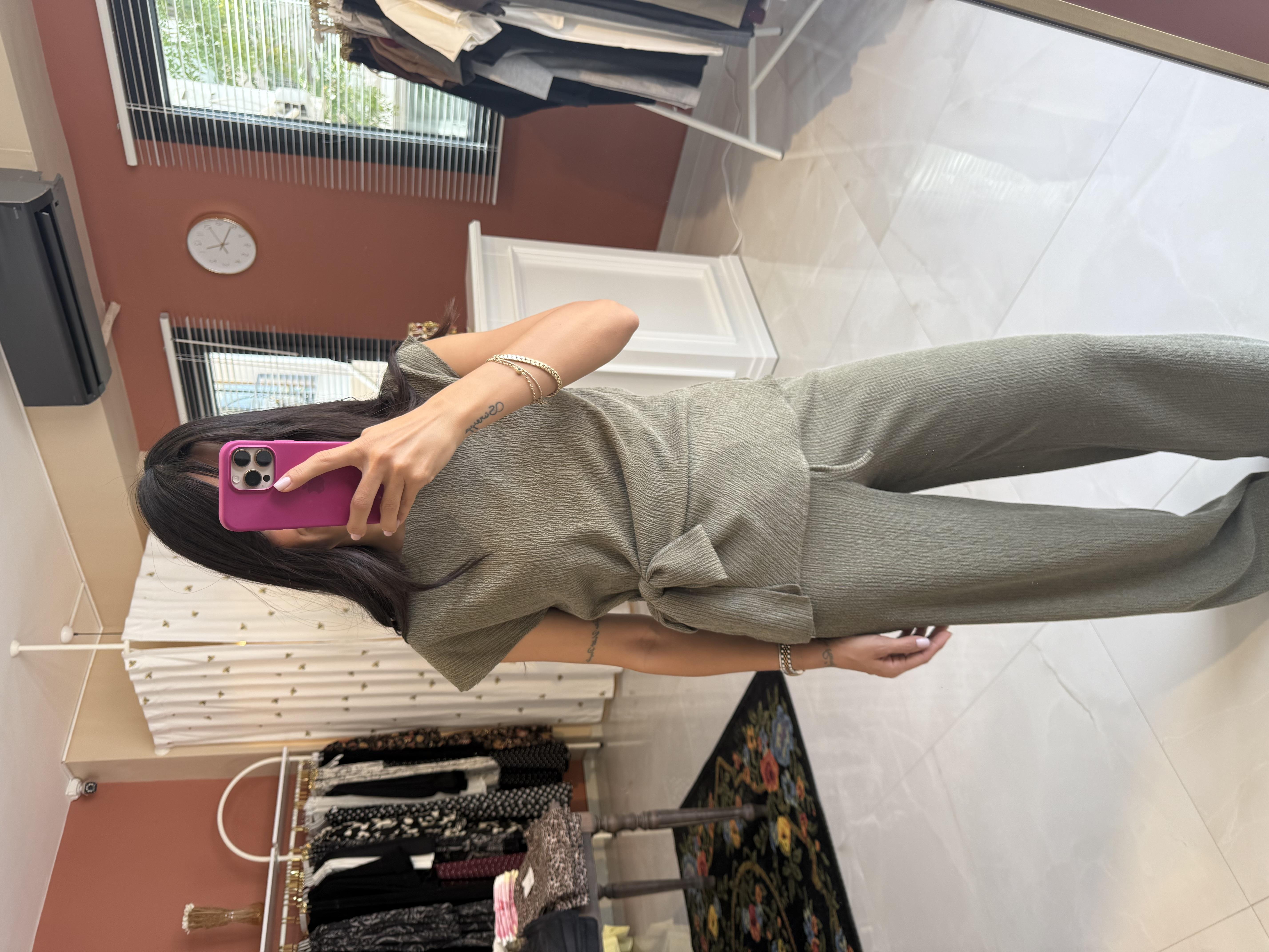 Krinkıl Bağlama Detay Bluz Pantolon - Haki · 5