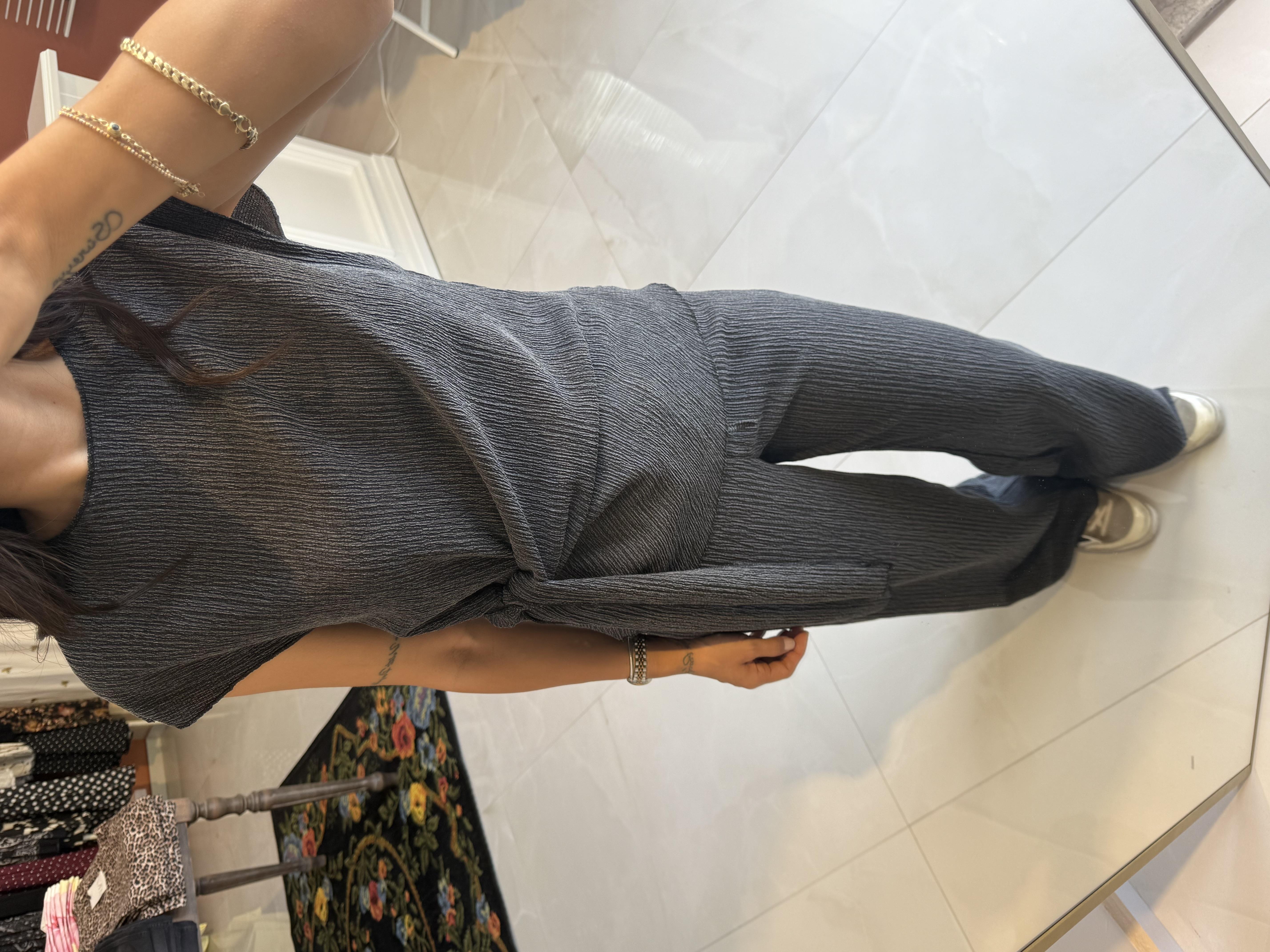 Krinkıl Bağlama Detay Bluz Pantolon Takım - Gri · 3