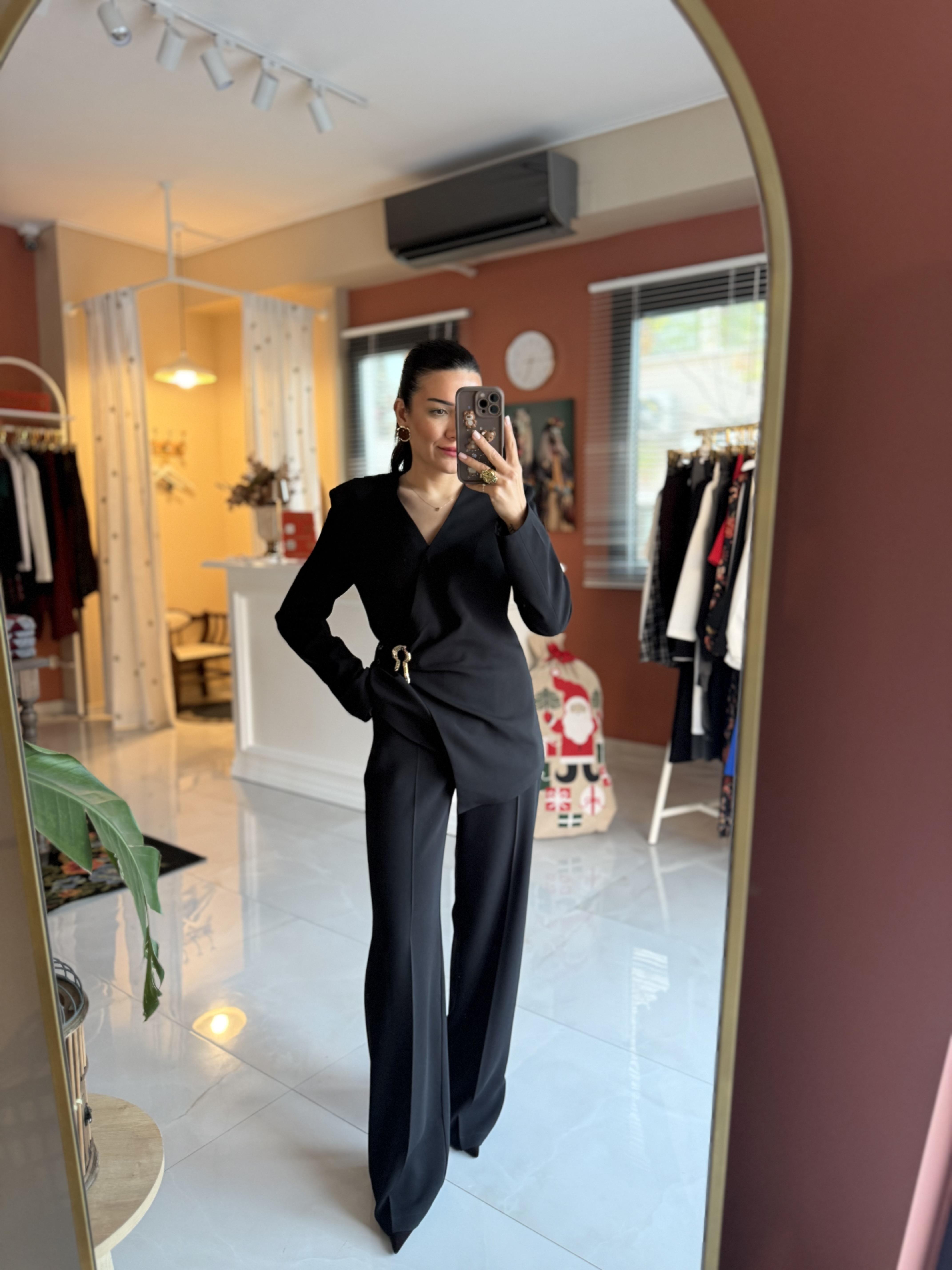 Kruvaze Tokalı Siyah Ceket - Pantolon Takım