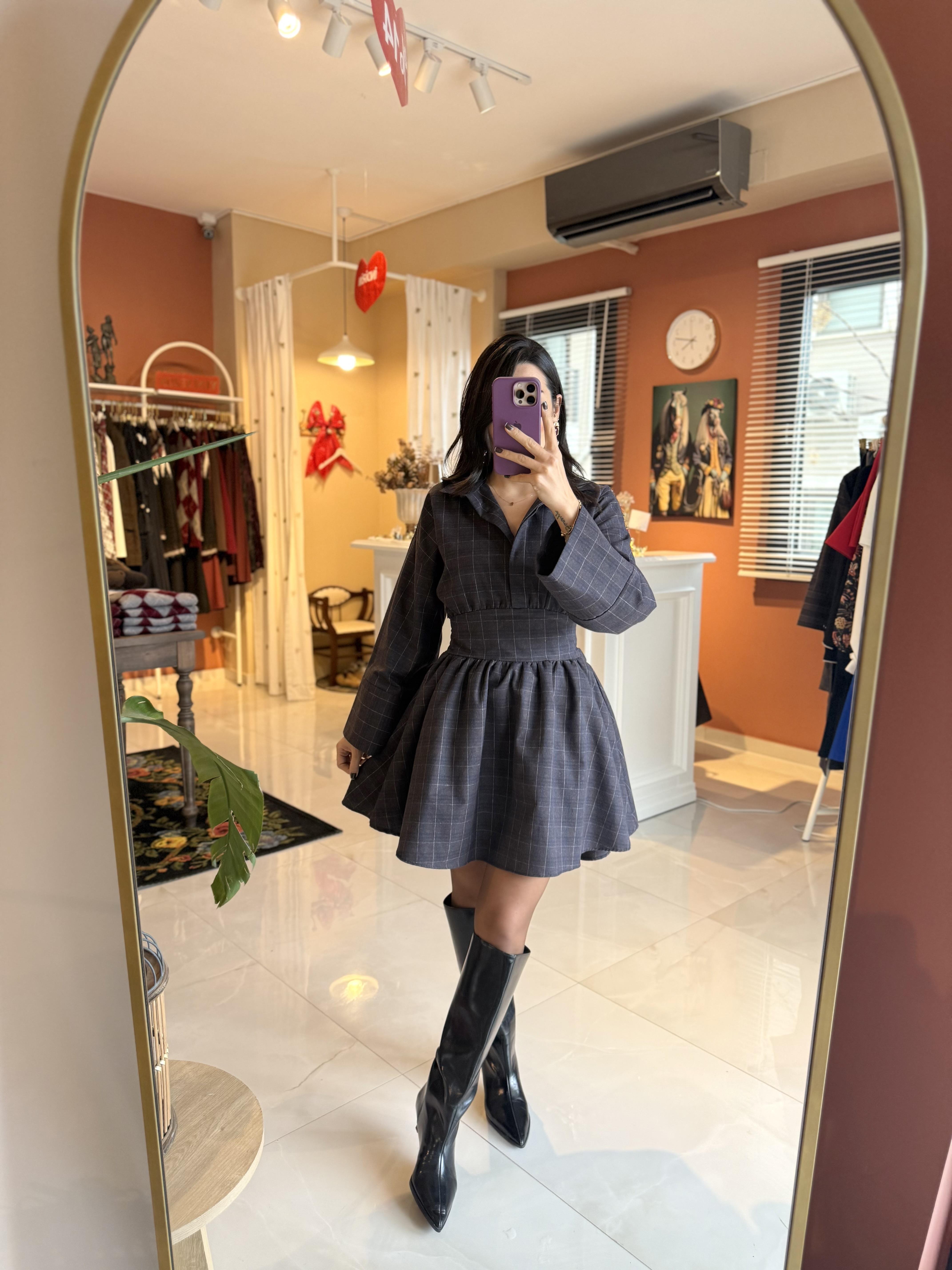 Lacivert Ekoseli Kuşaklı Geniş Kol Elbise