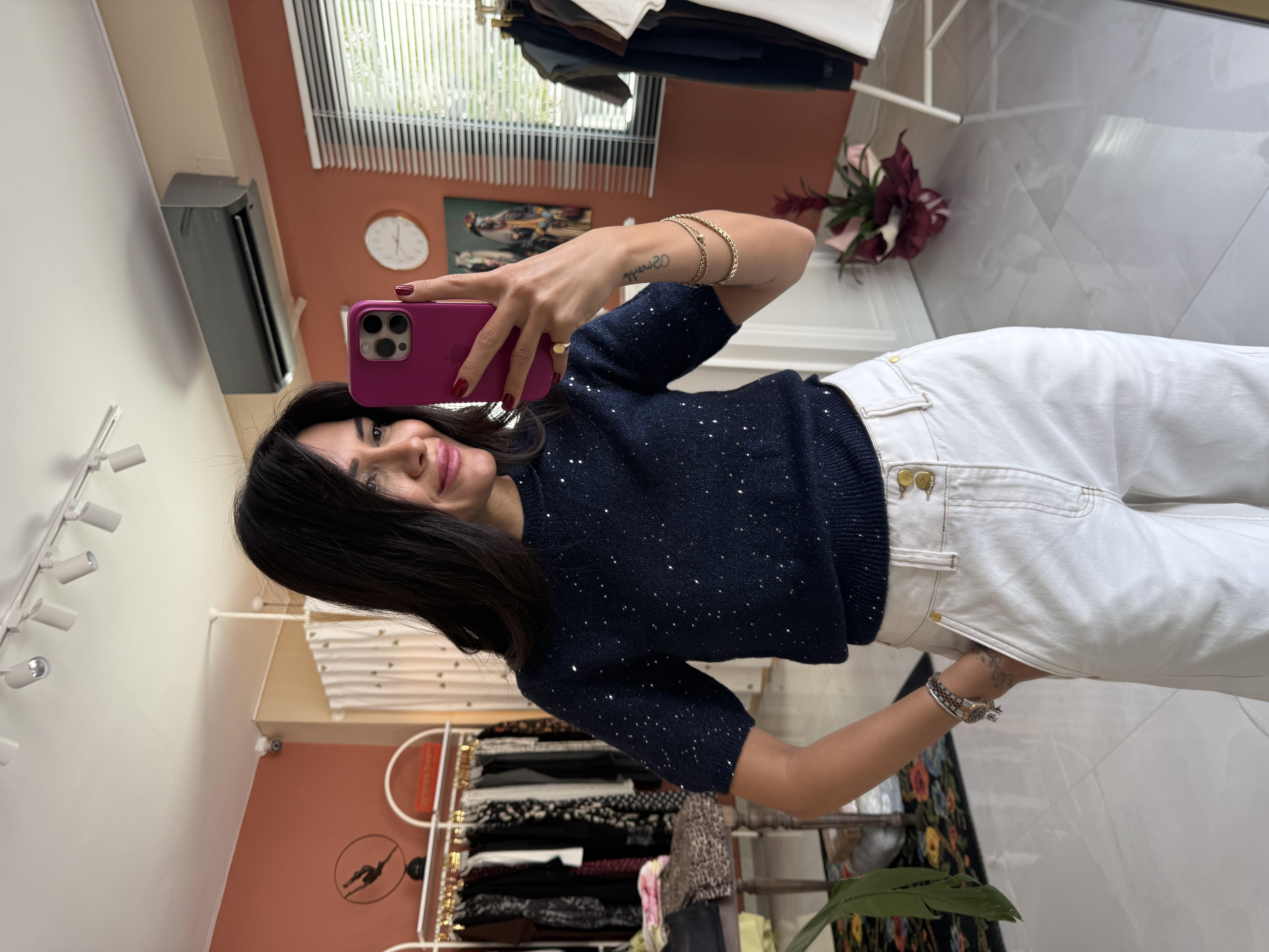 Lacivert Parıltılı Kısa Kol Triko