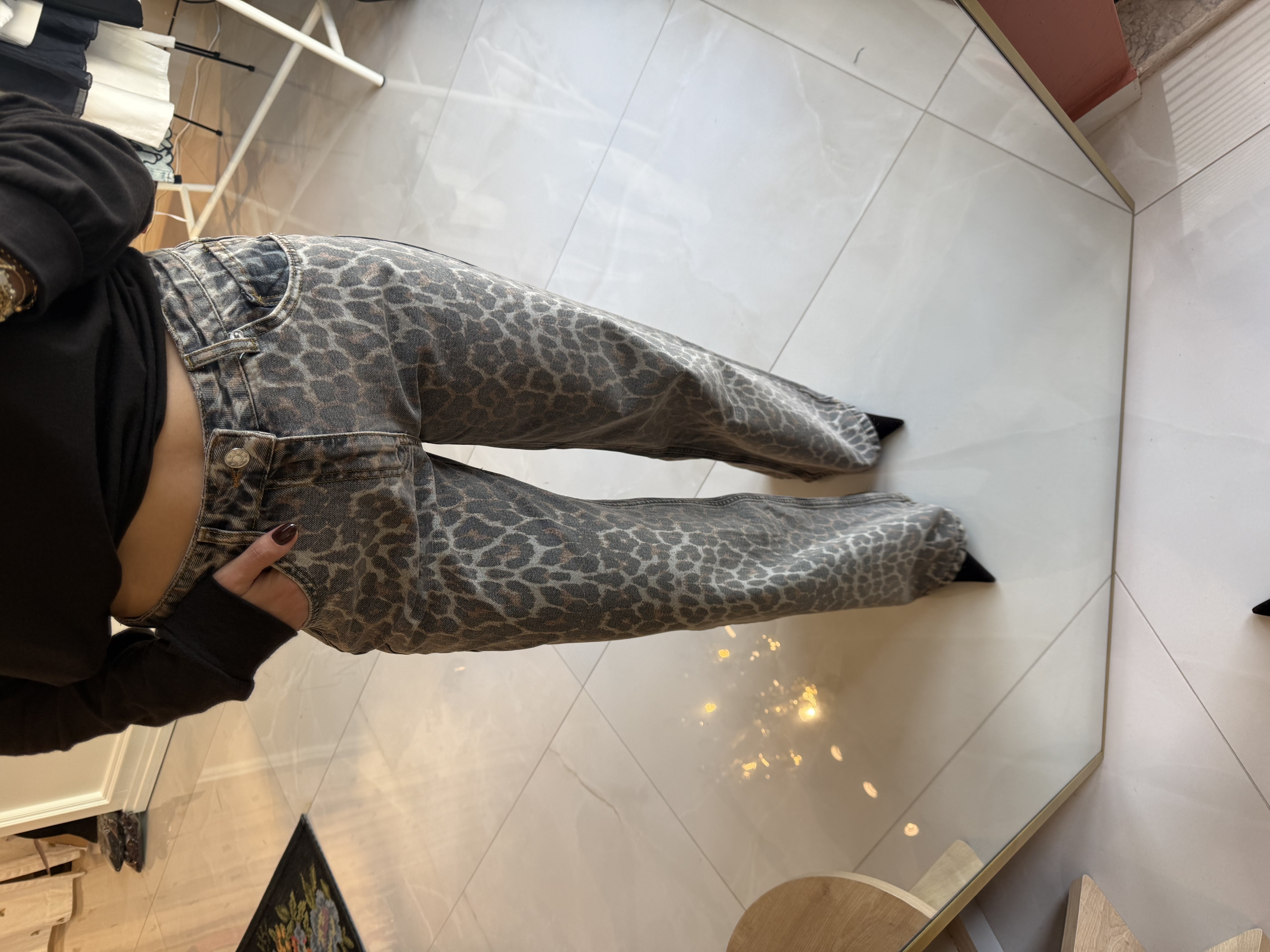 Leopar Desen Denim Kot Pantolon