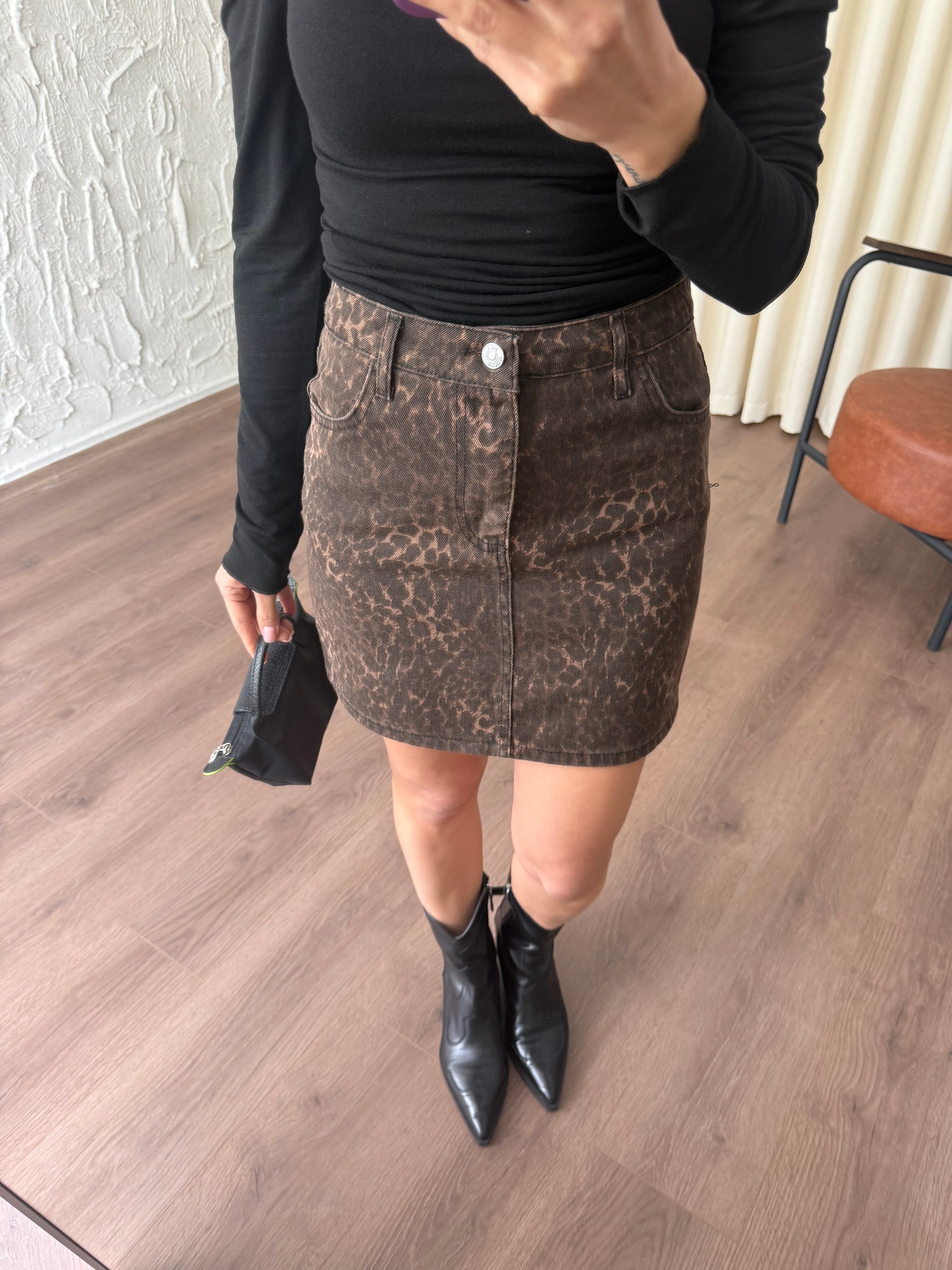 Leopar Desenli Mini Kot Etek