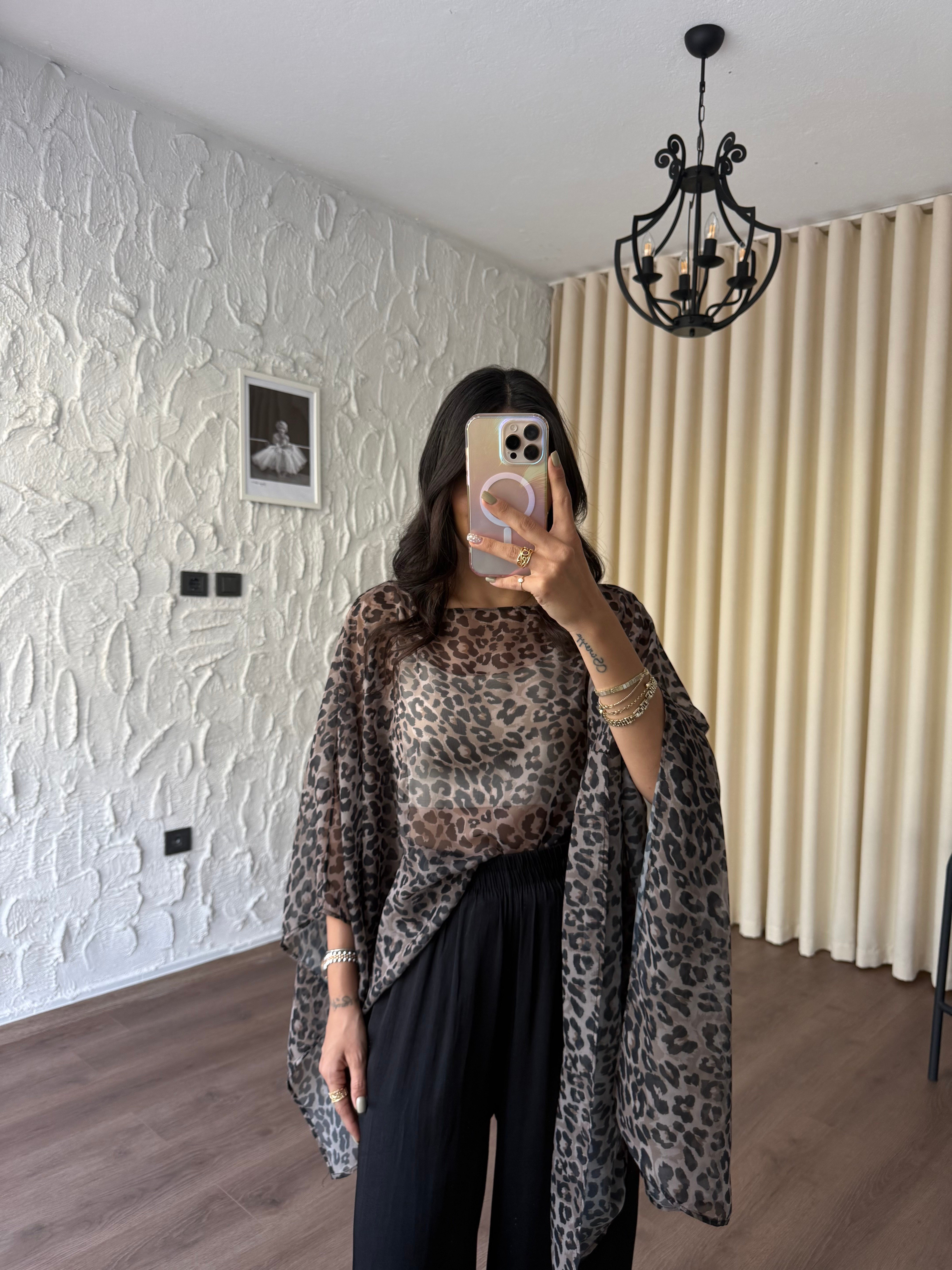 Leopar Desenli Pelerin Bluz