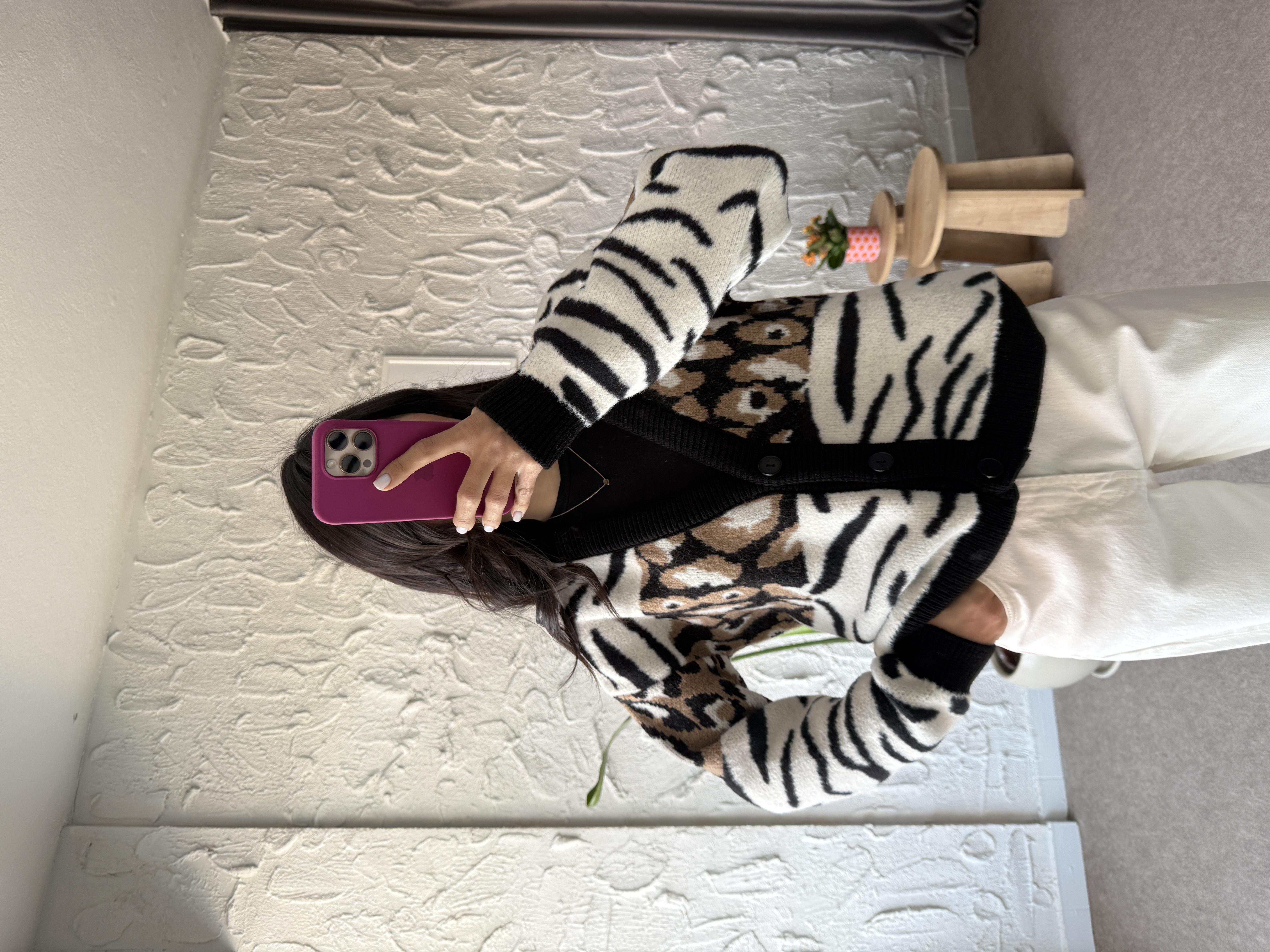 Leopar Zebra Karışık Desen Hırka Triko