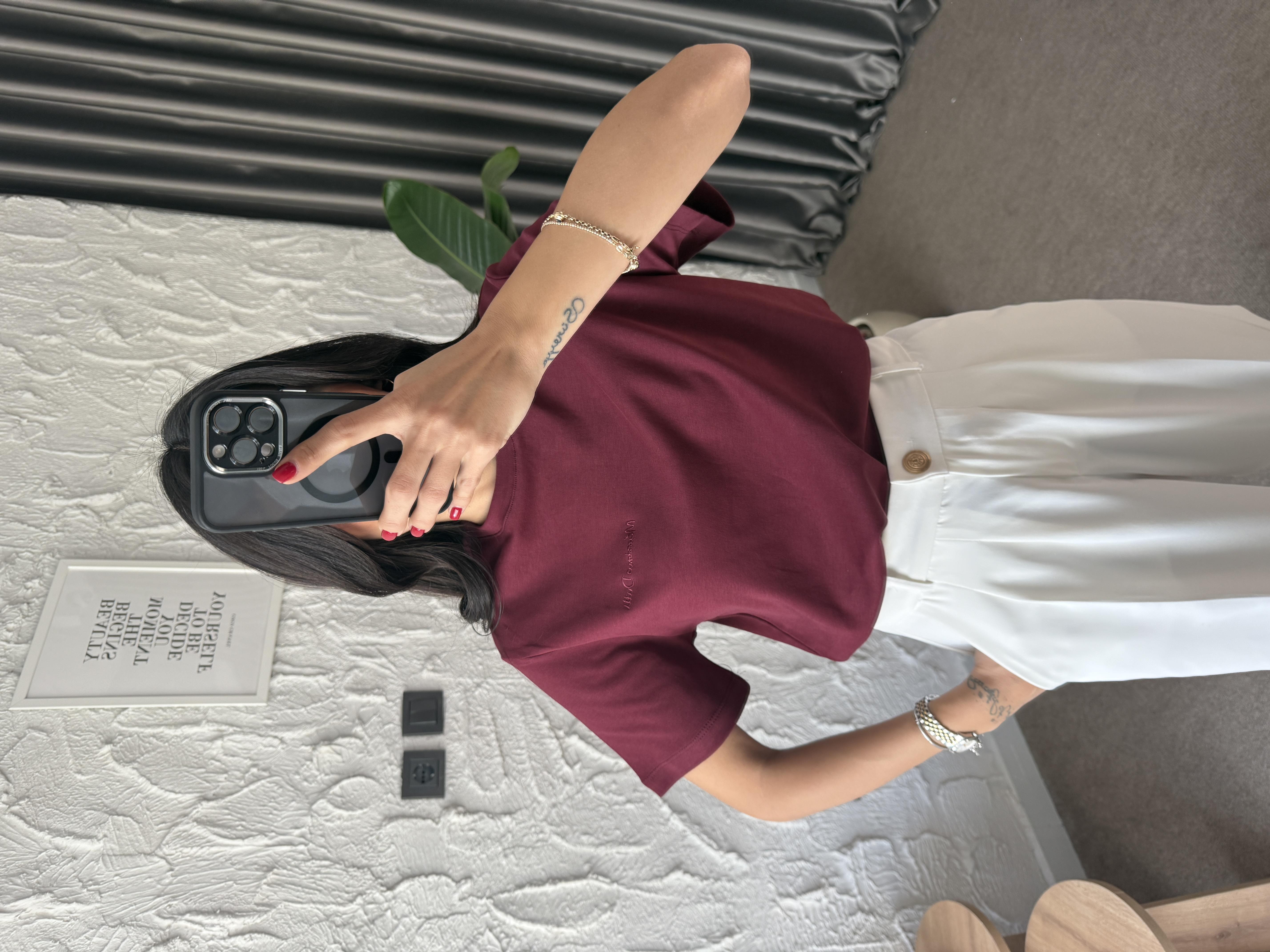 Logo İşlemeli Bordo Basic Tshirt