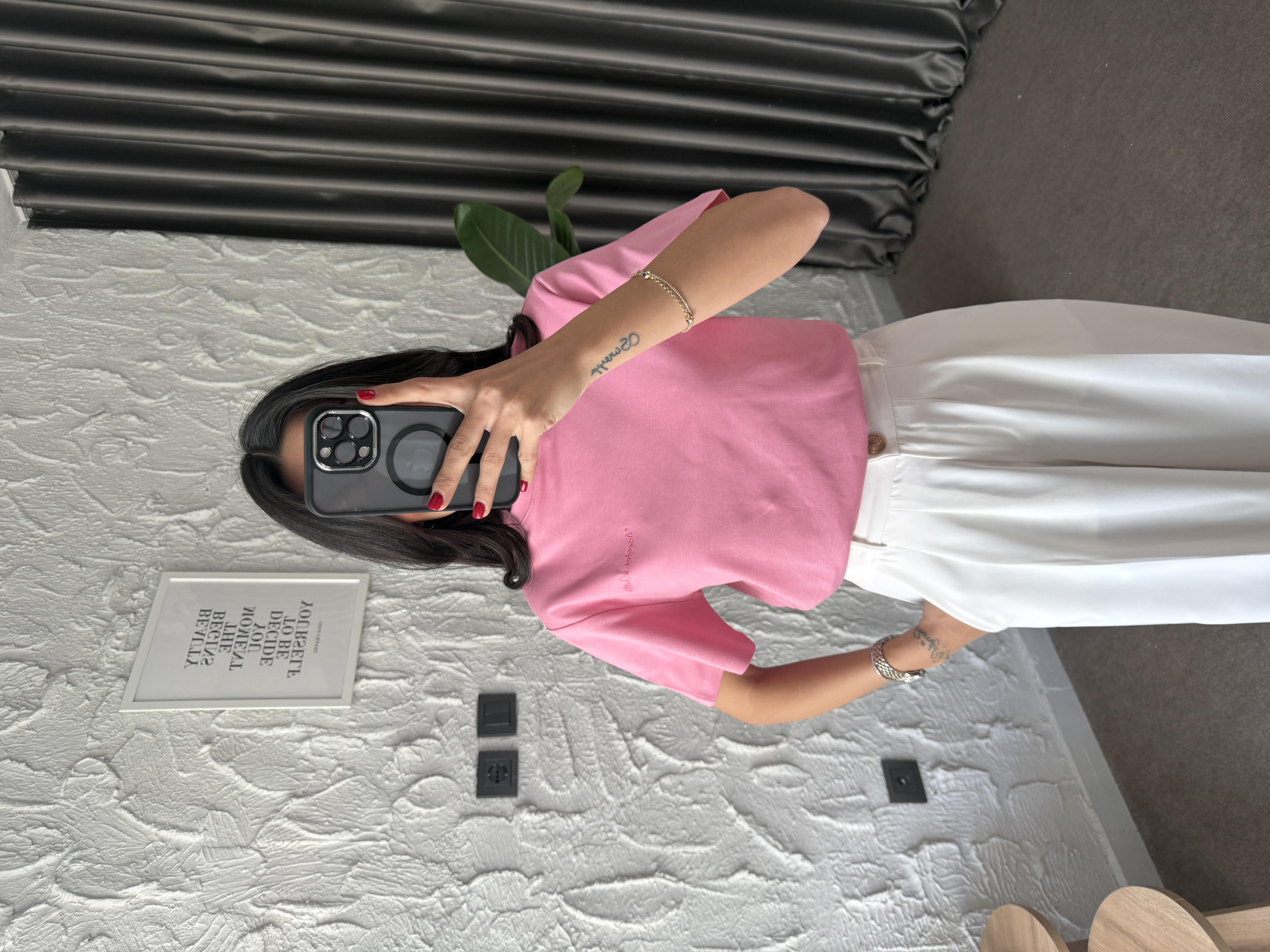 Logo İşlemeli Pembe Basic Tshirt