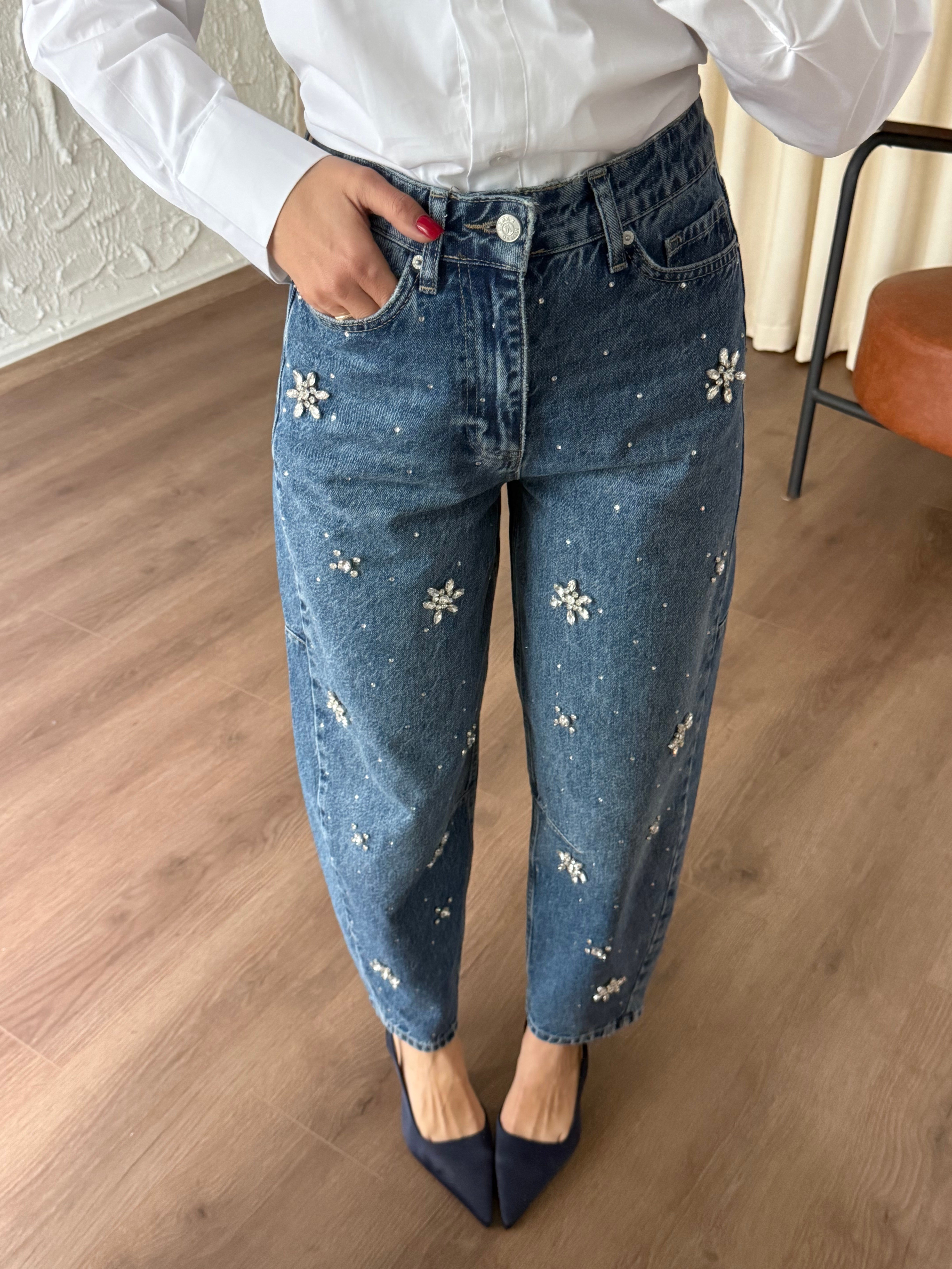 Mavi Taşlı Ballon Fit Jean