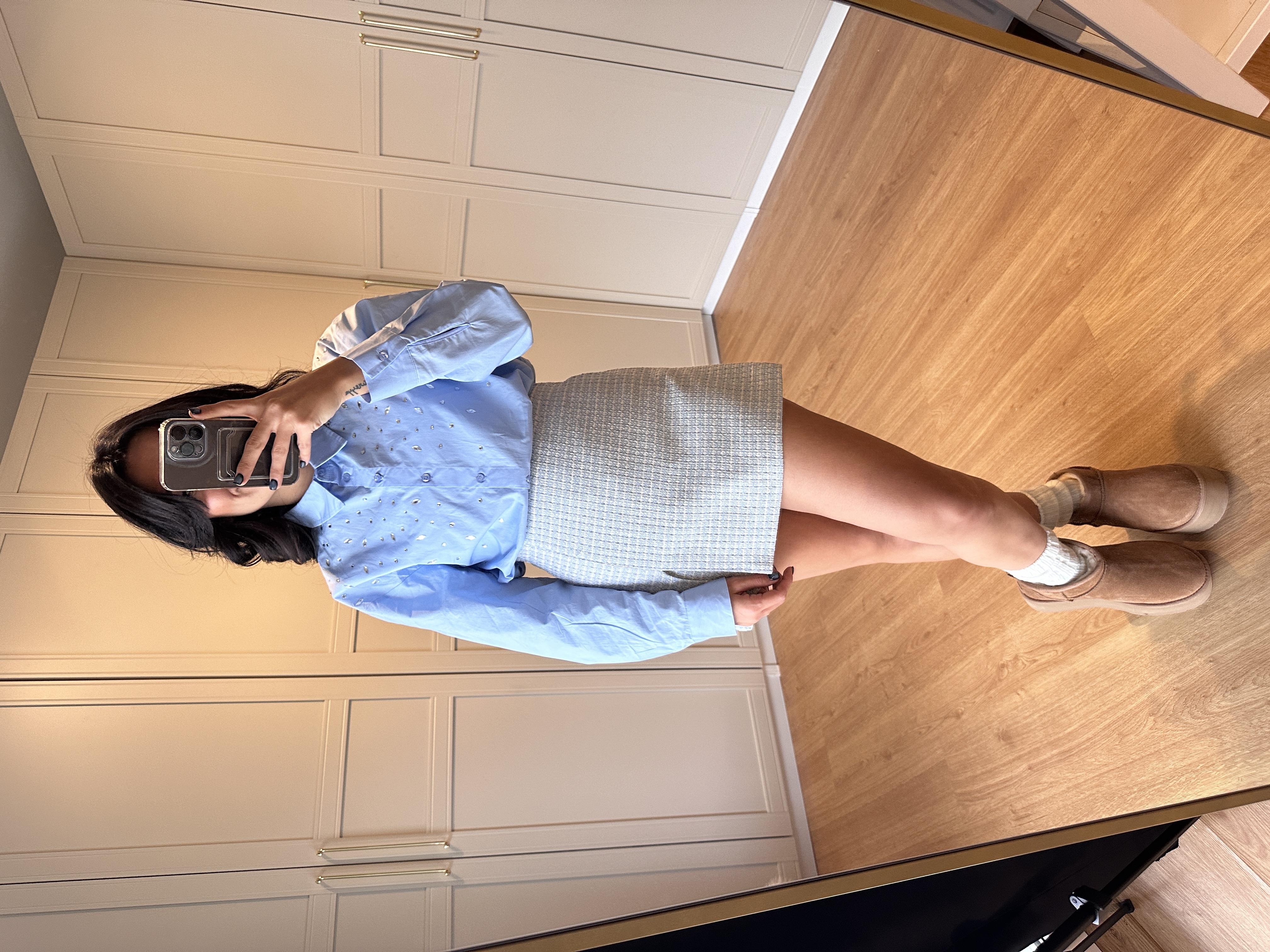 Mavi Tüvit Yırtmaçlı Şort Etek