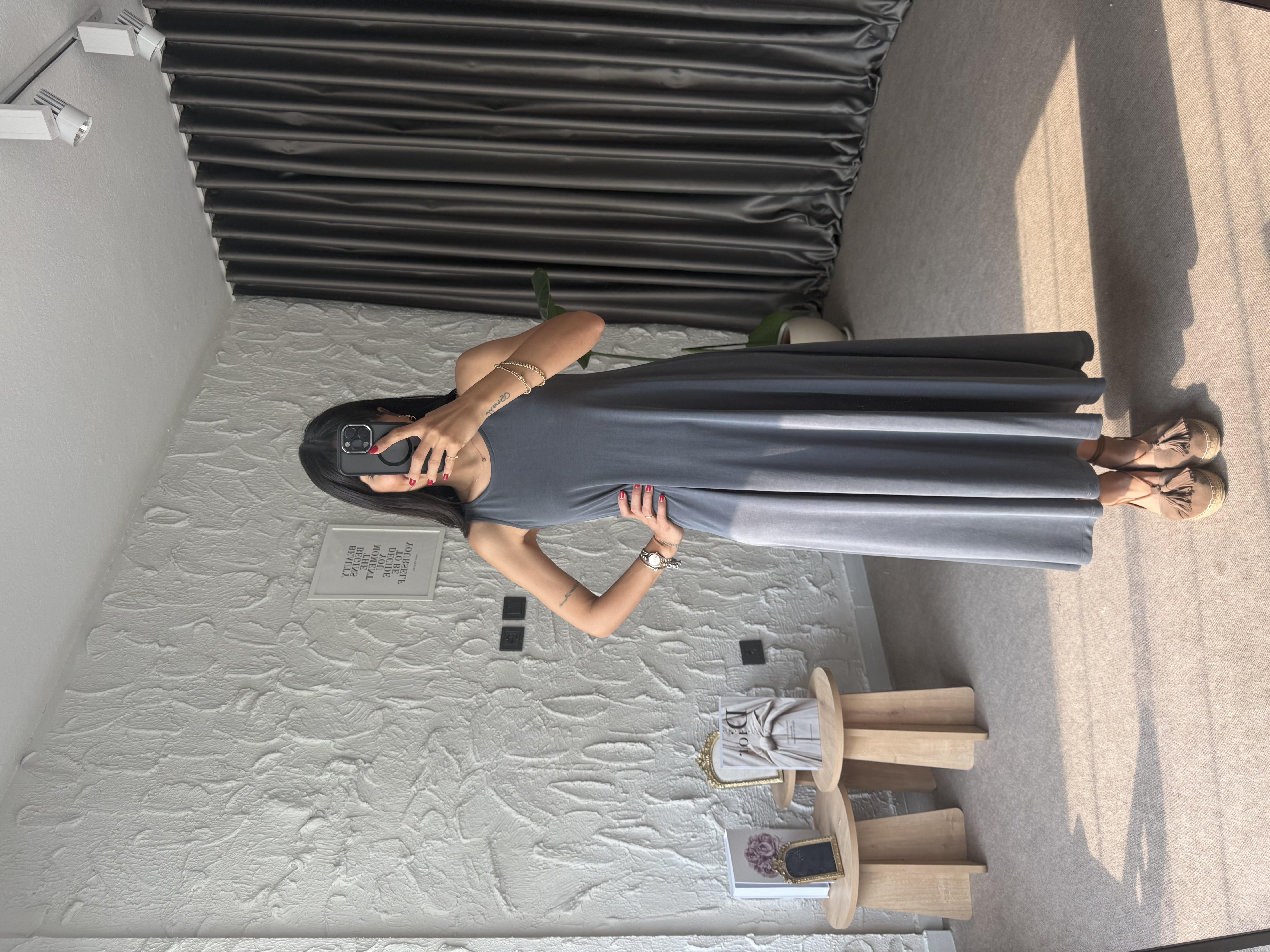 Modal Asimetrik Kesim Elbise - Gri