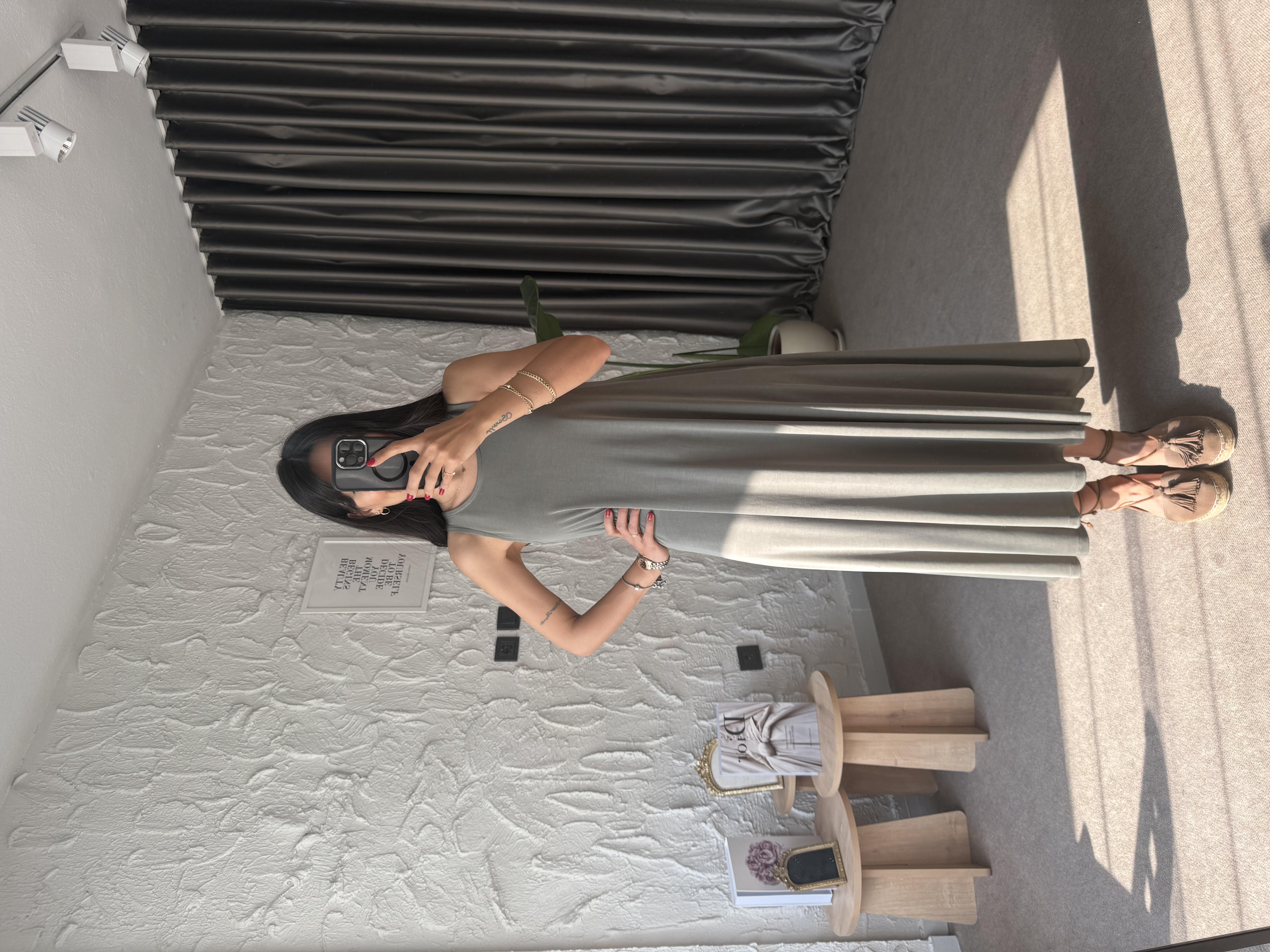 Modal Asimetrik Kesim Elbise - Haki