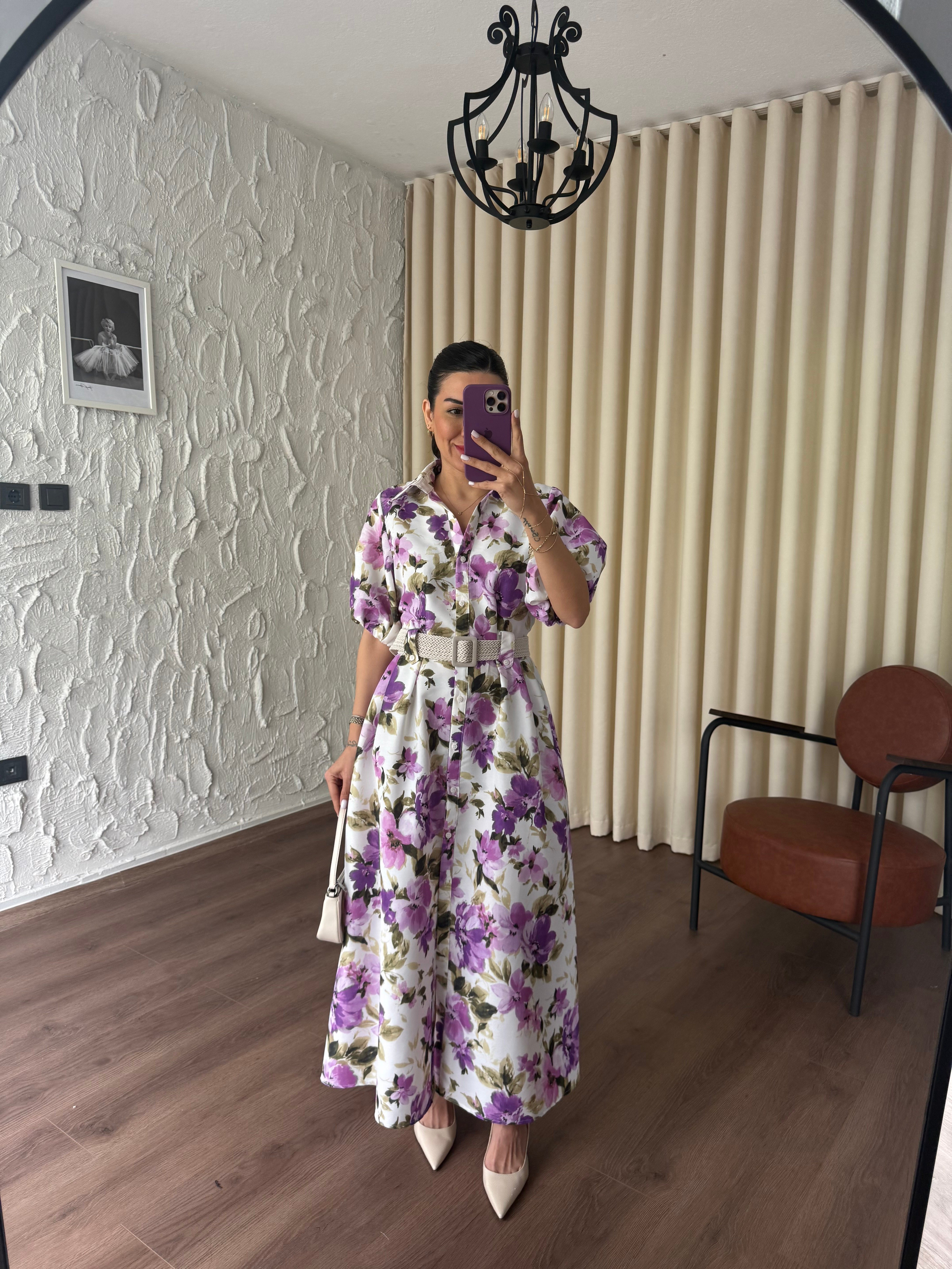 Mor Lila Çiçek Desenli Hasır Kemerli Poplin Elbise