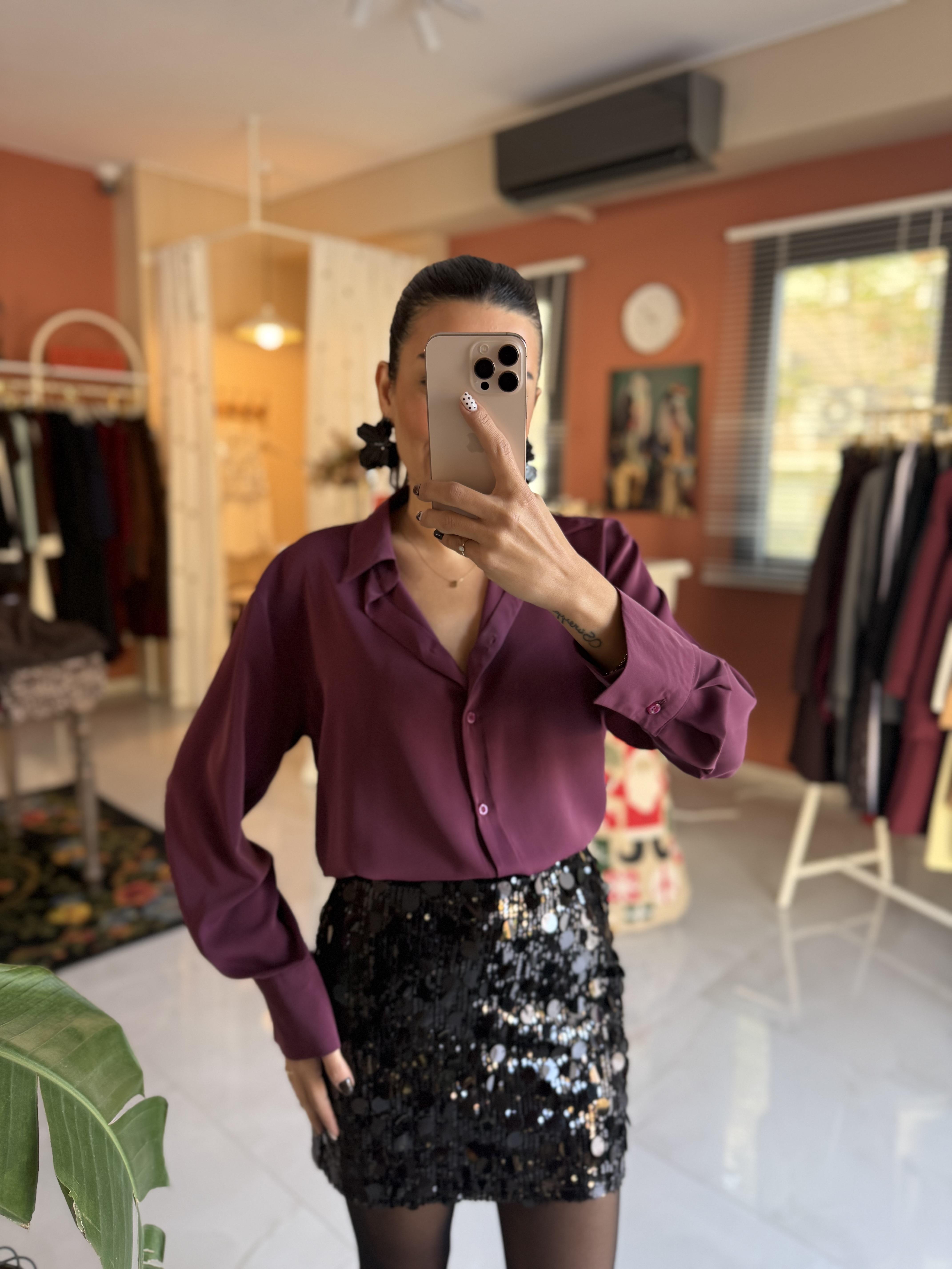 Mürdüm Saten Görünümlü Tensel Gömlek