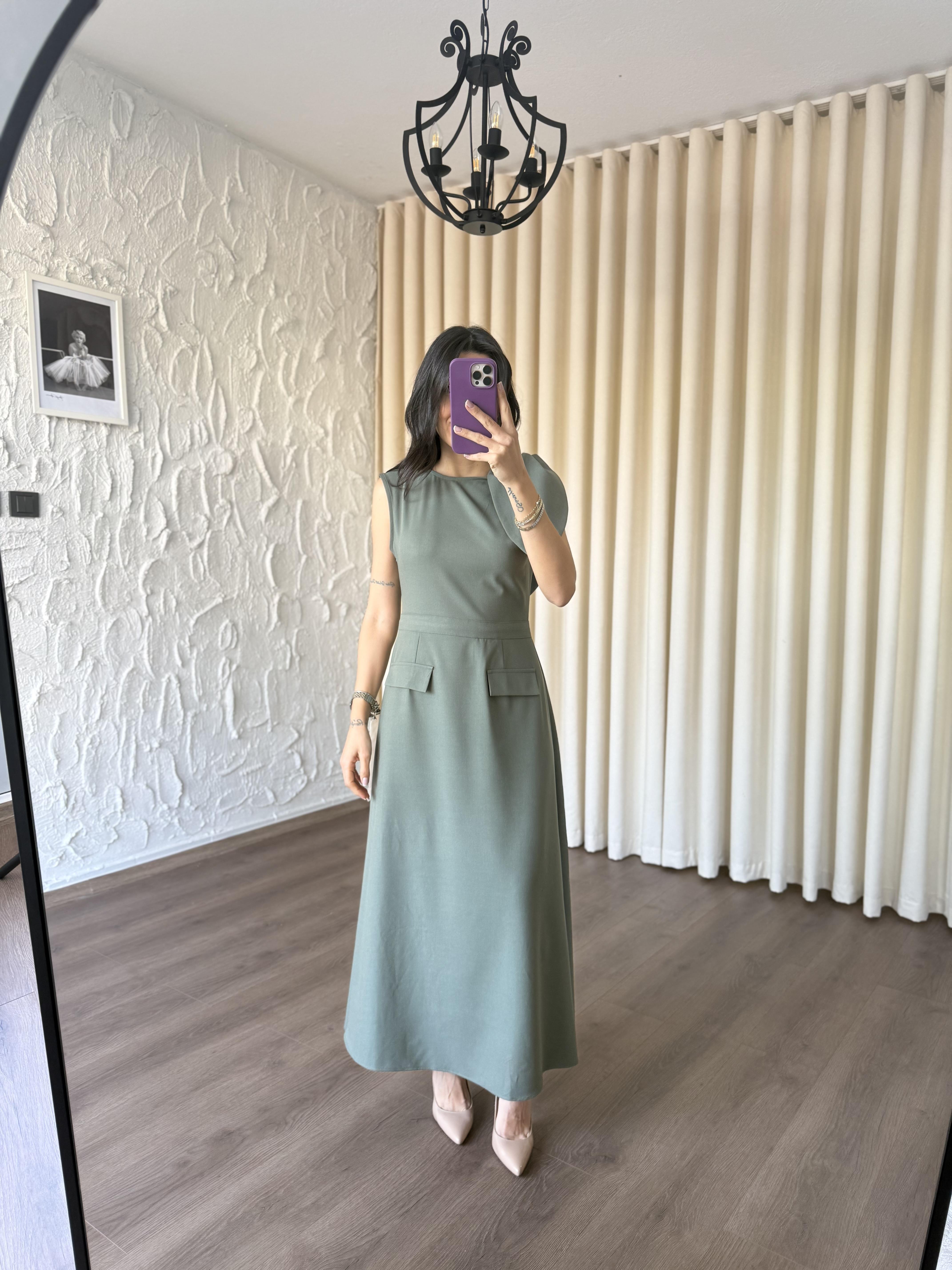 Omuz Detaylı Haki Elbise