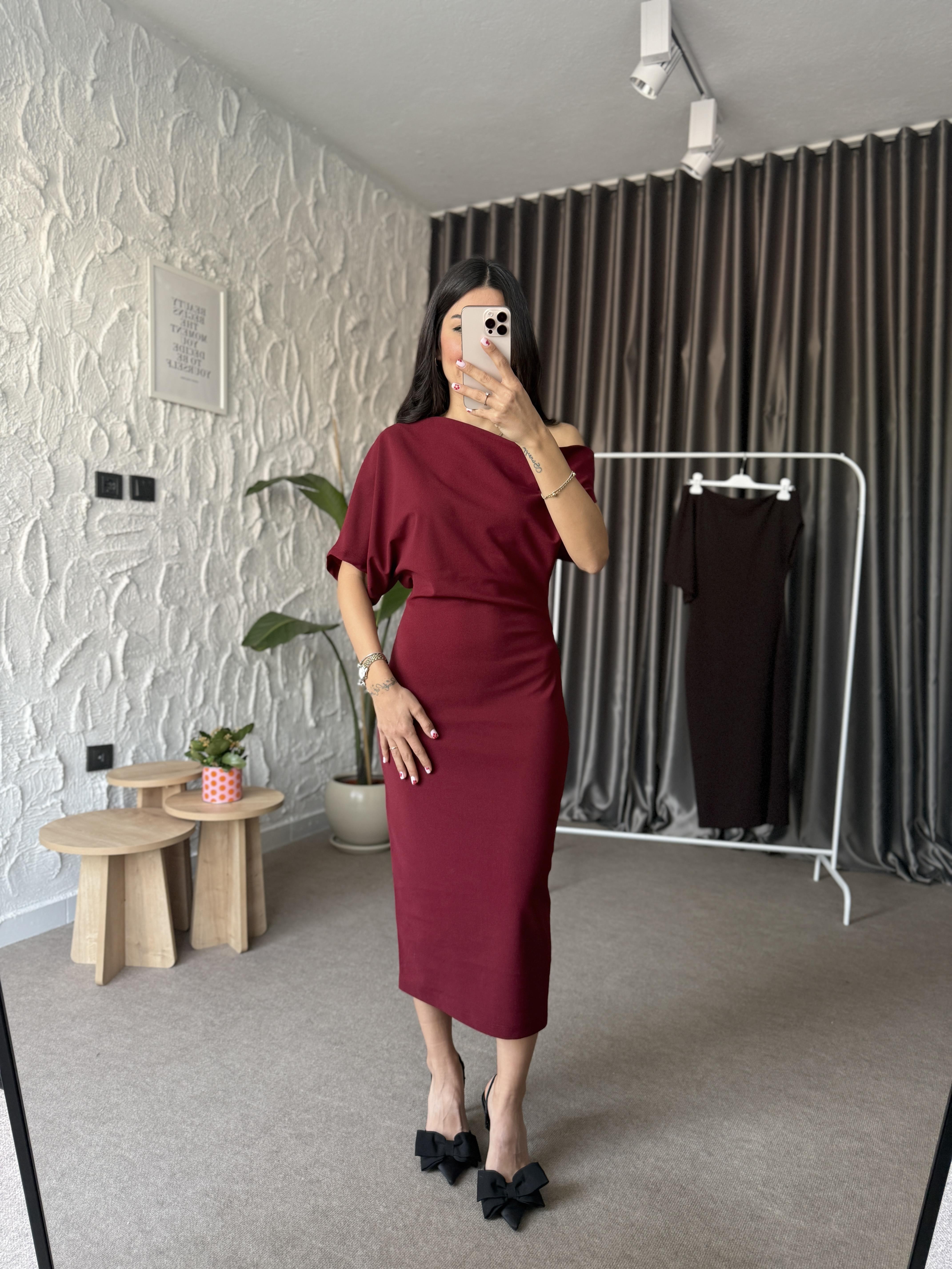 Omzu Açık Midi Elbise - Bordo