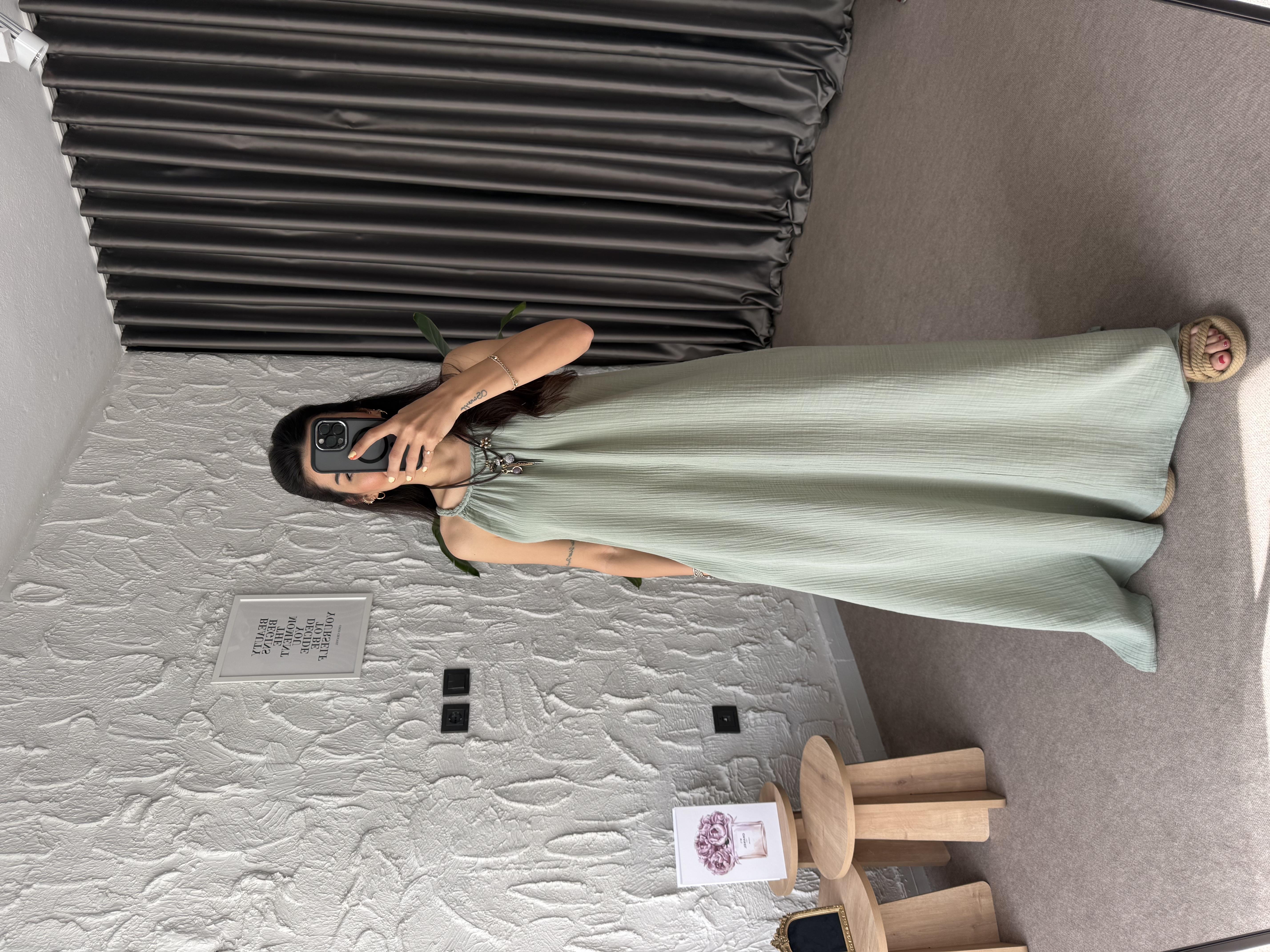 Örgü Detay Yırtmaçlı Müslin Elbise - Mint