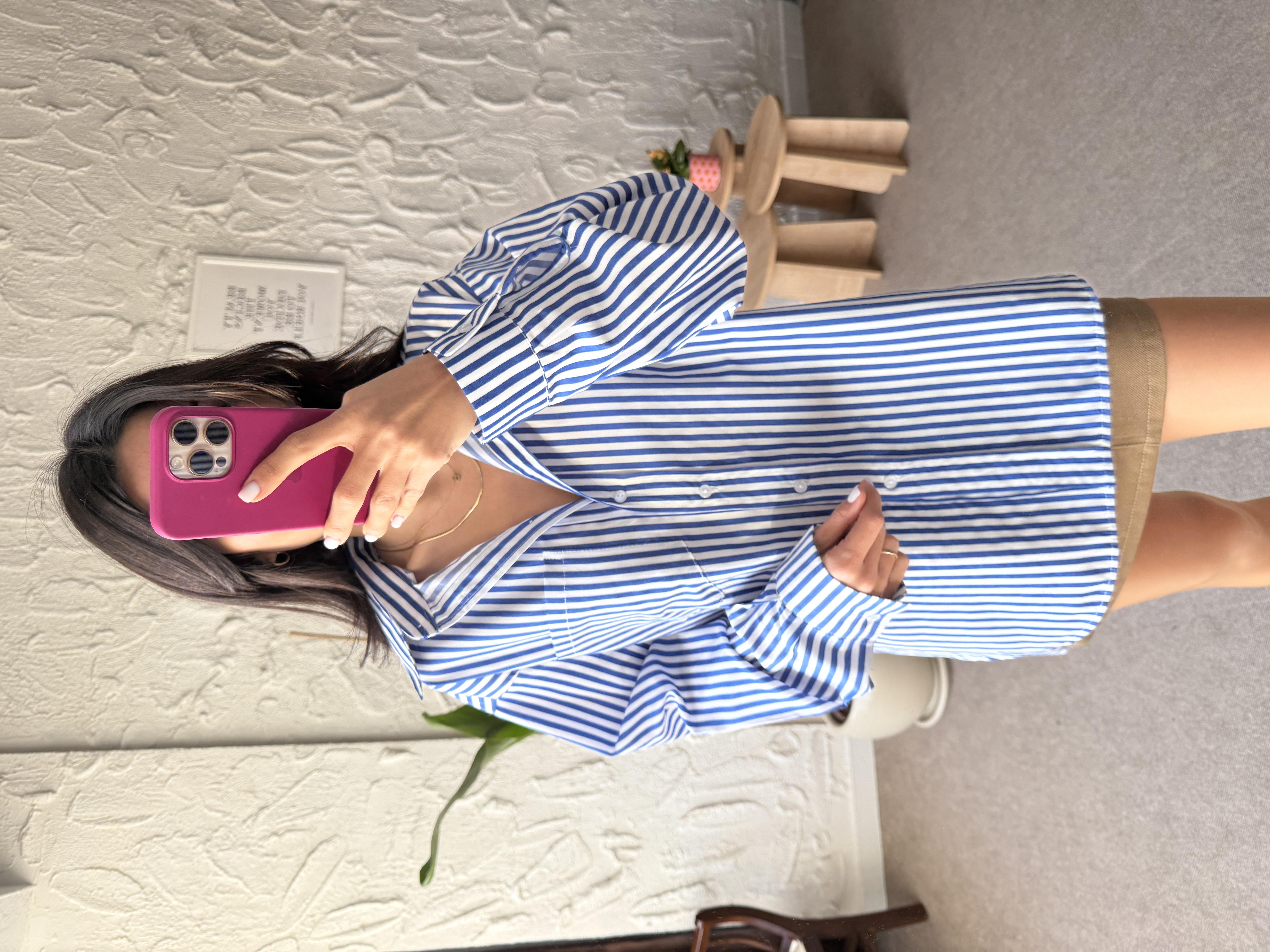 Oversize Tek Cepli Çizgili Mavi Gömlek