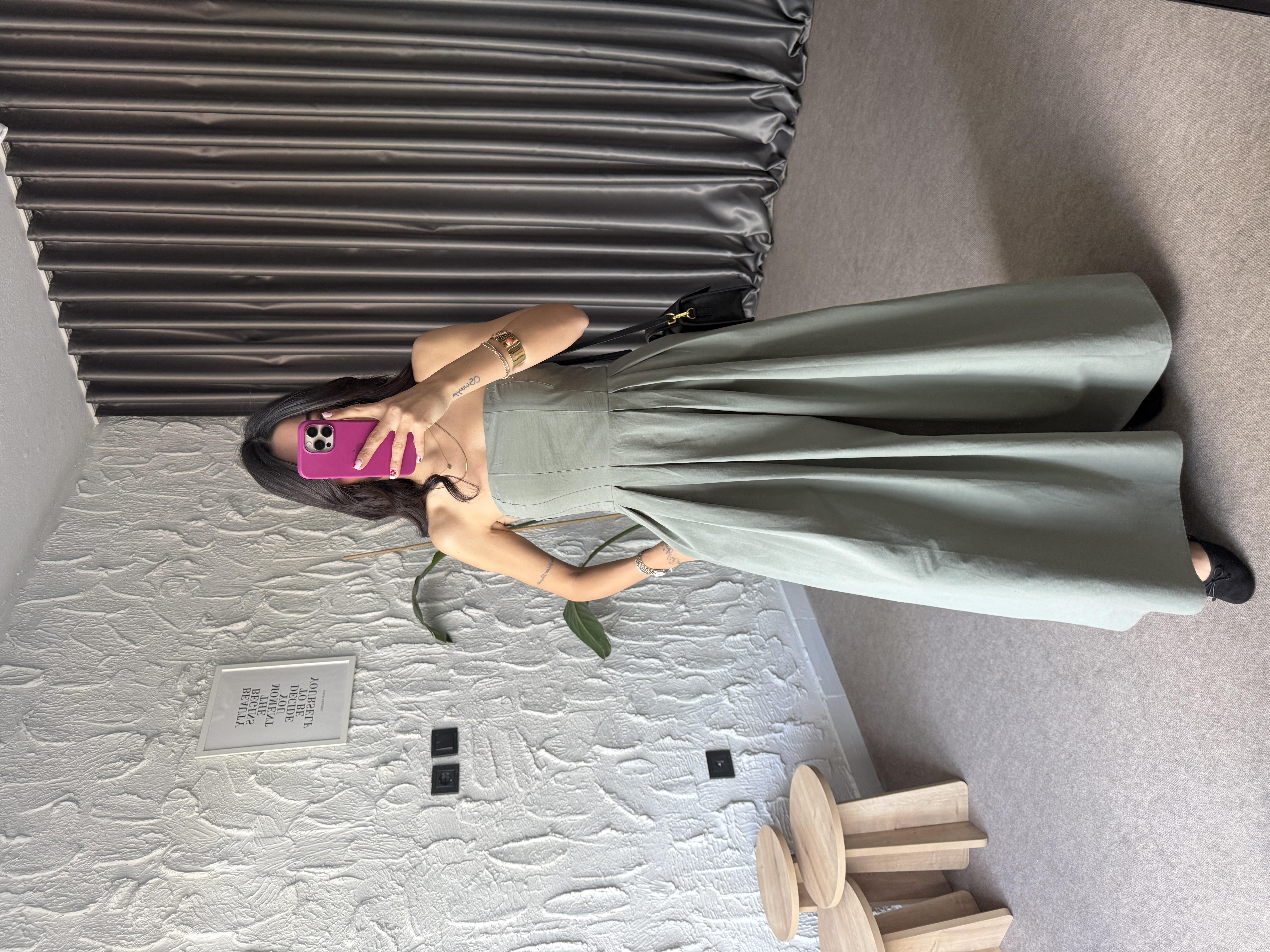 Paraşüt Kumaş Straplez Gipeli Midi Elbise - Haki