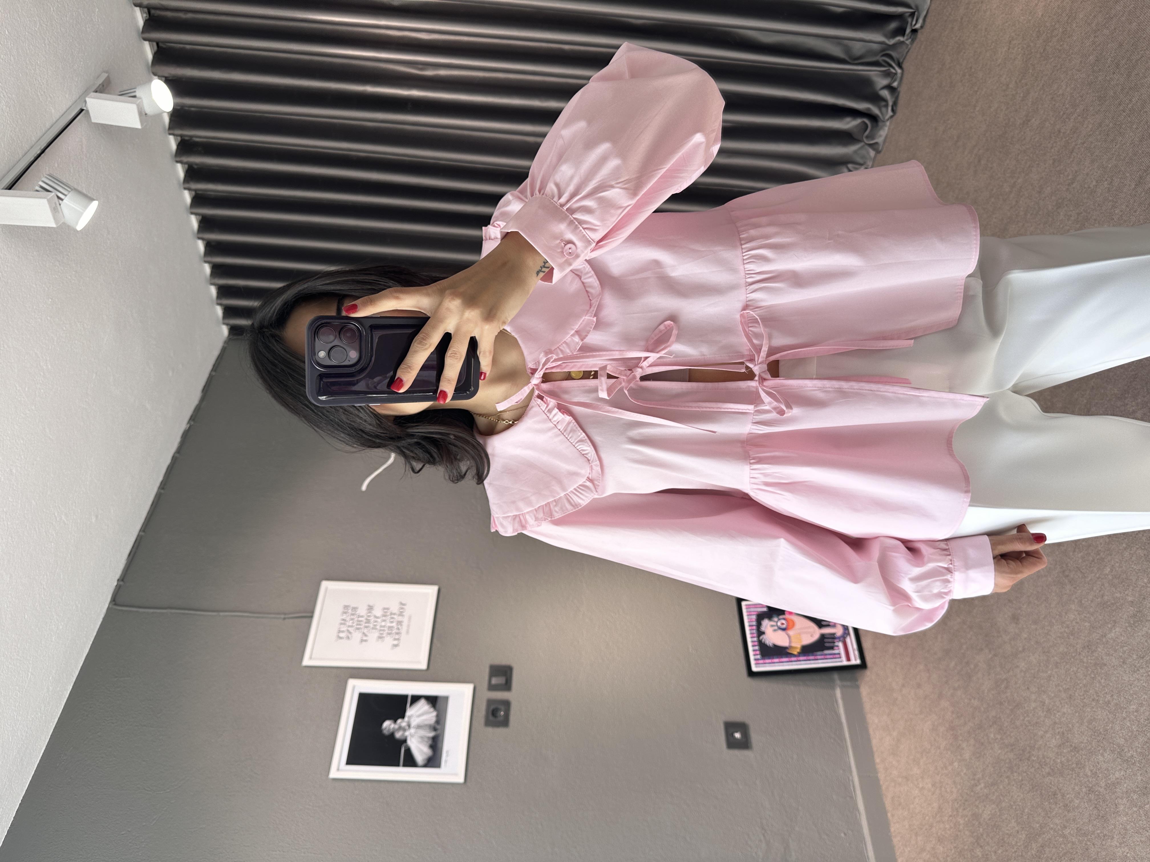 Pembe Bebe Yaka Bağlamalı Poplin Gömlek