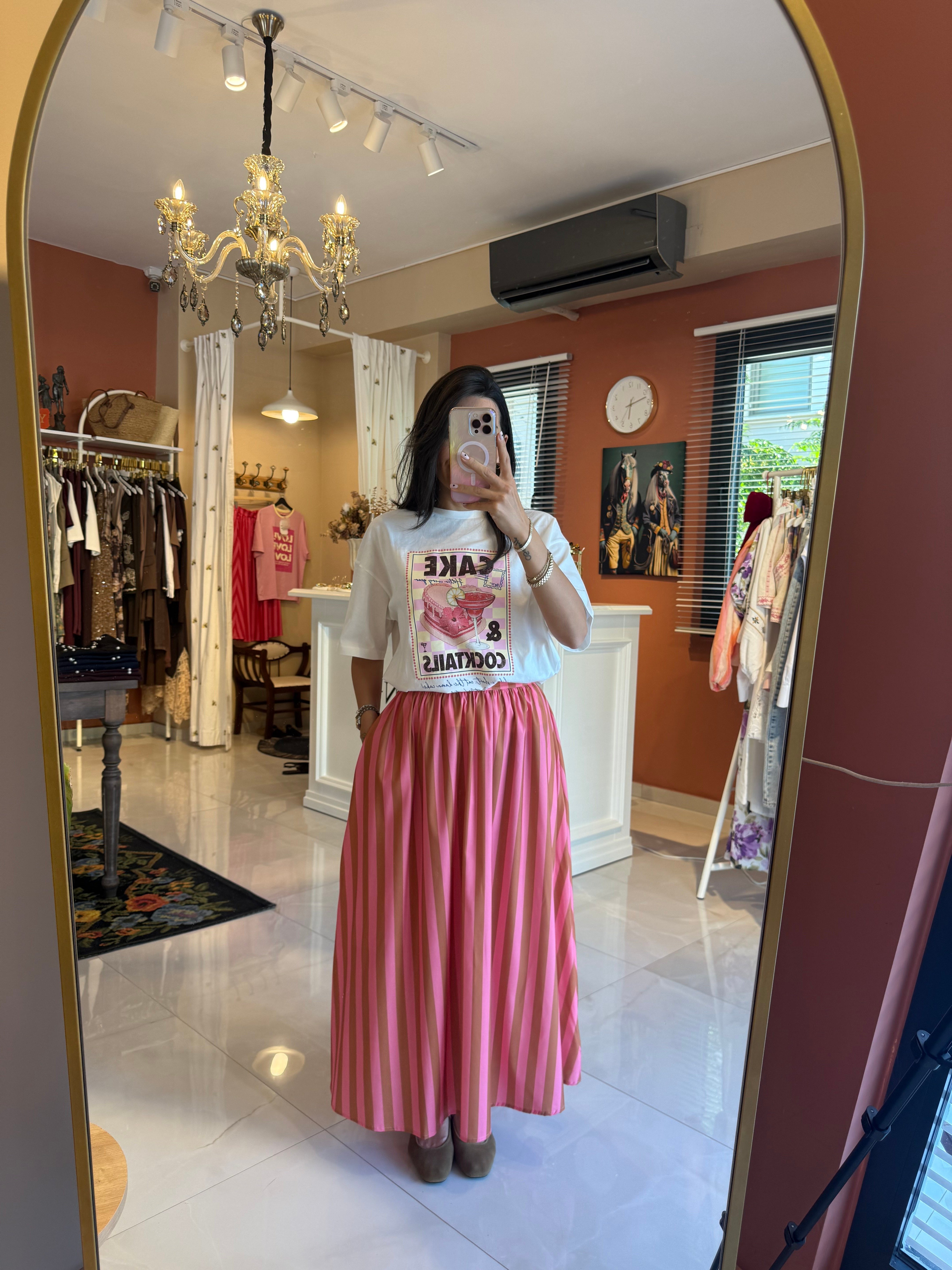 Pembe Taba Çizgili Midi Etek