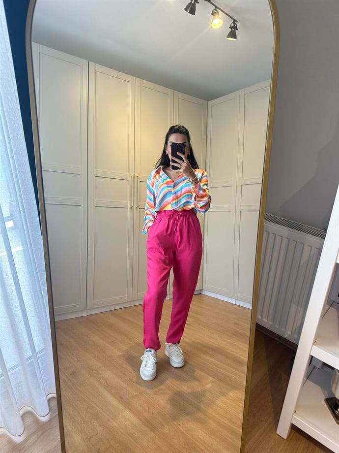 Pembe Tensel Yandan Biyeli Pantolon