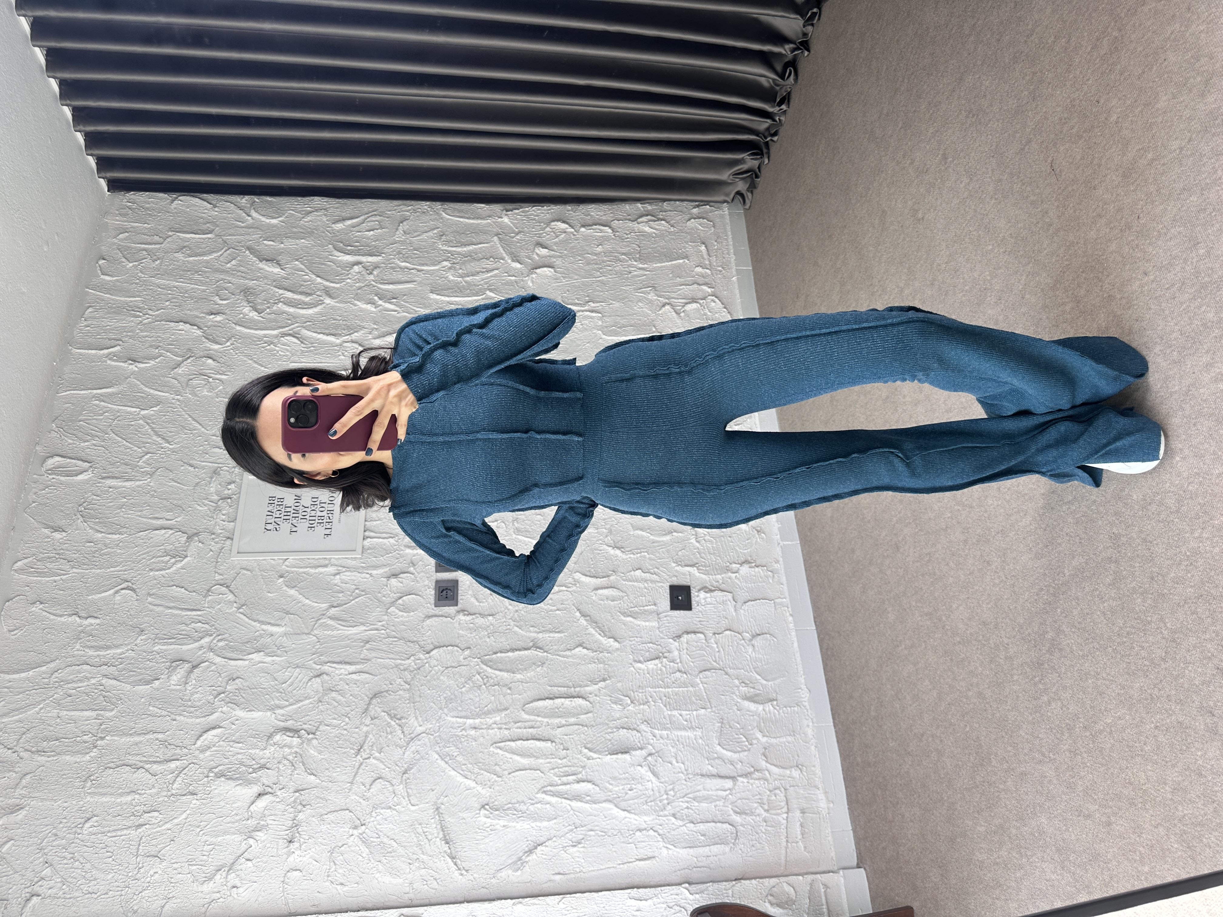 Petrol Mavisi Ters Dikişli Kırçıllı Takım