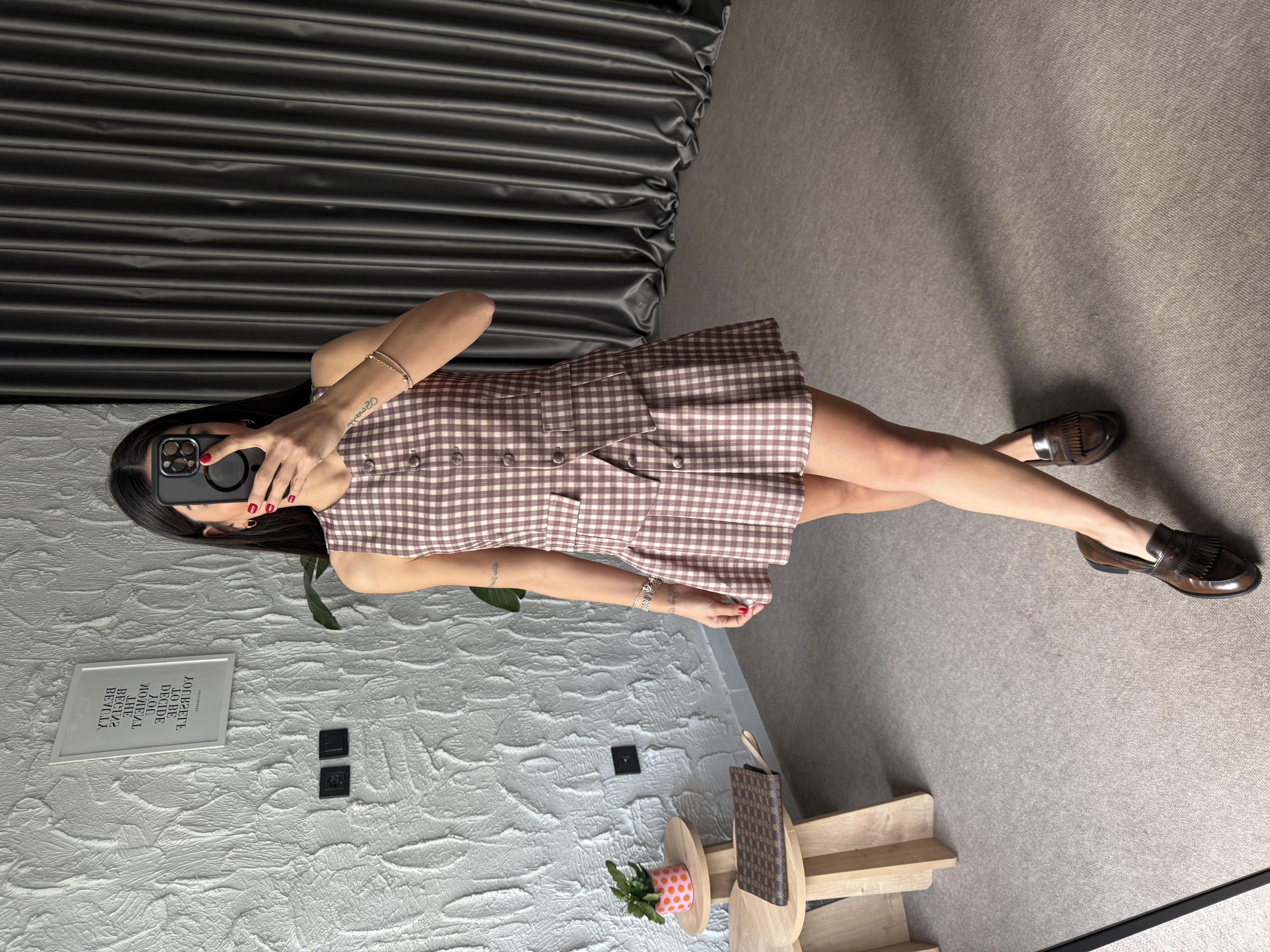 Pötikareli Yelek Şort Etek Takım