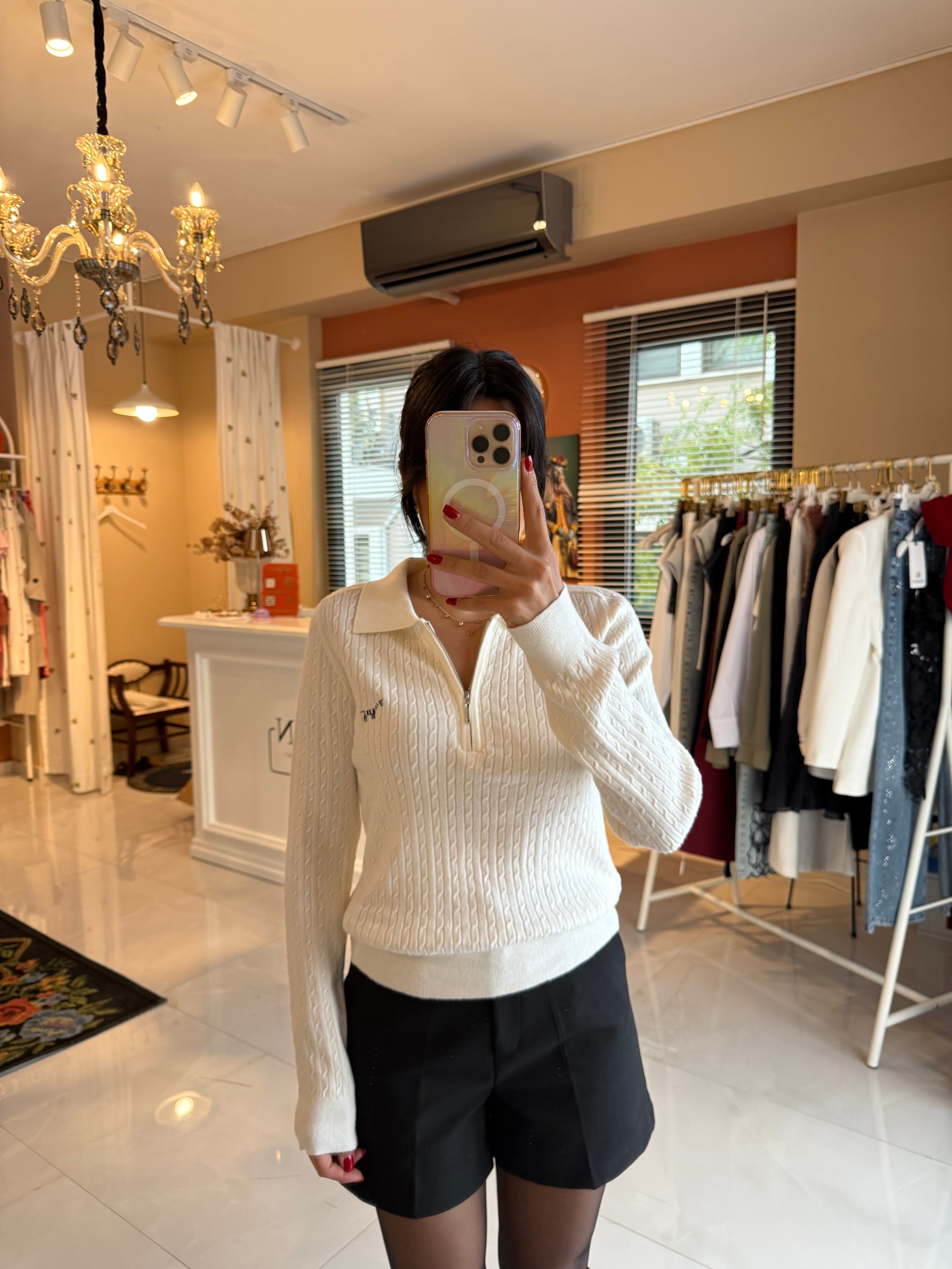 Saç Örgü Polo Yaka Zebra Nakışlı Ekru Triko