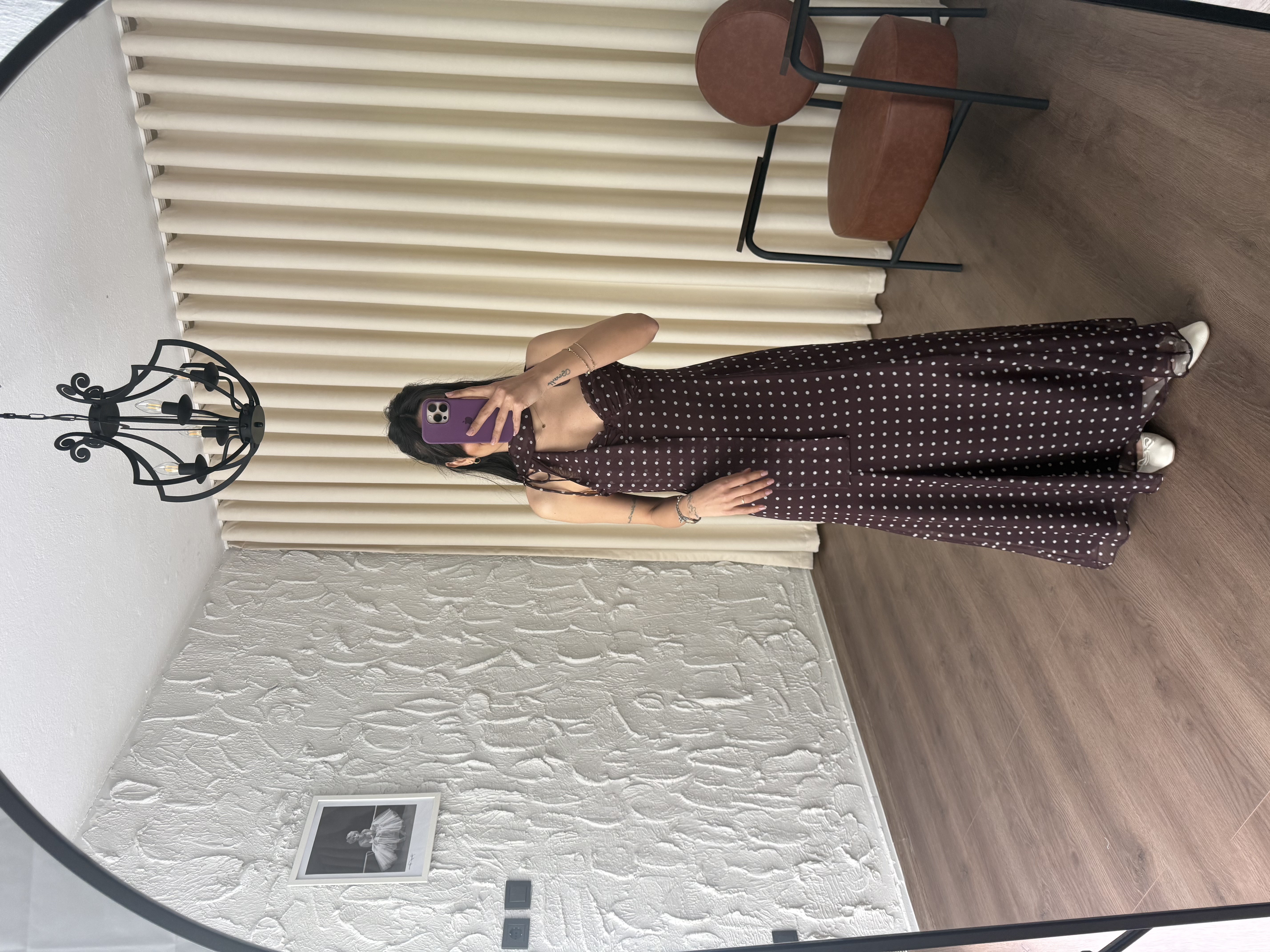 Şal Detaylı Puantiyeli Şifon Elbise