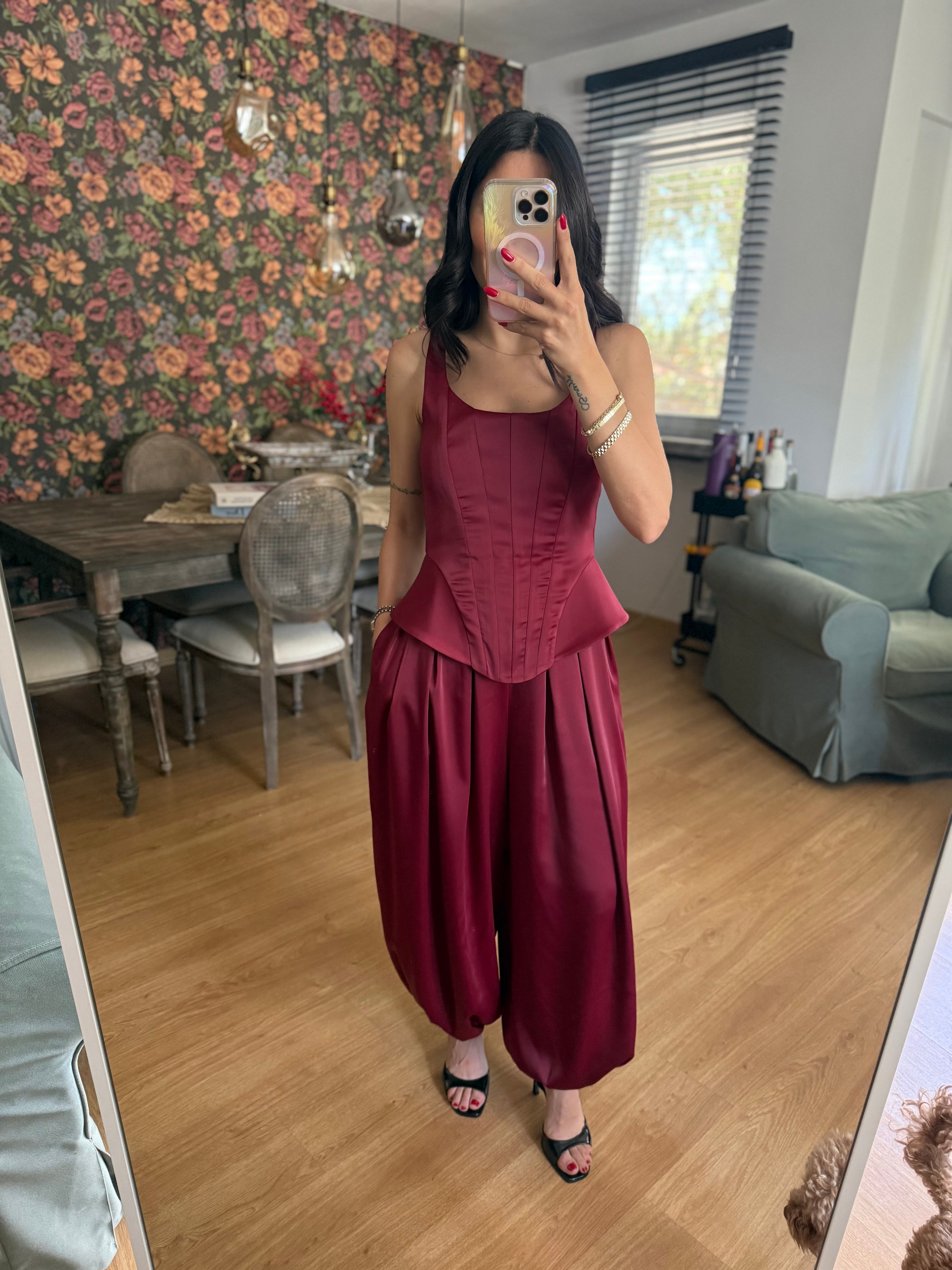 Saten Şalvar Model Bordo Pantolon