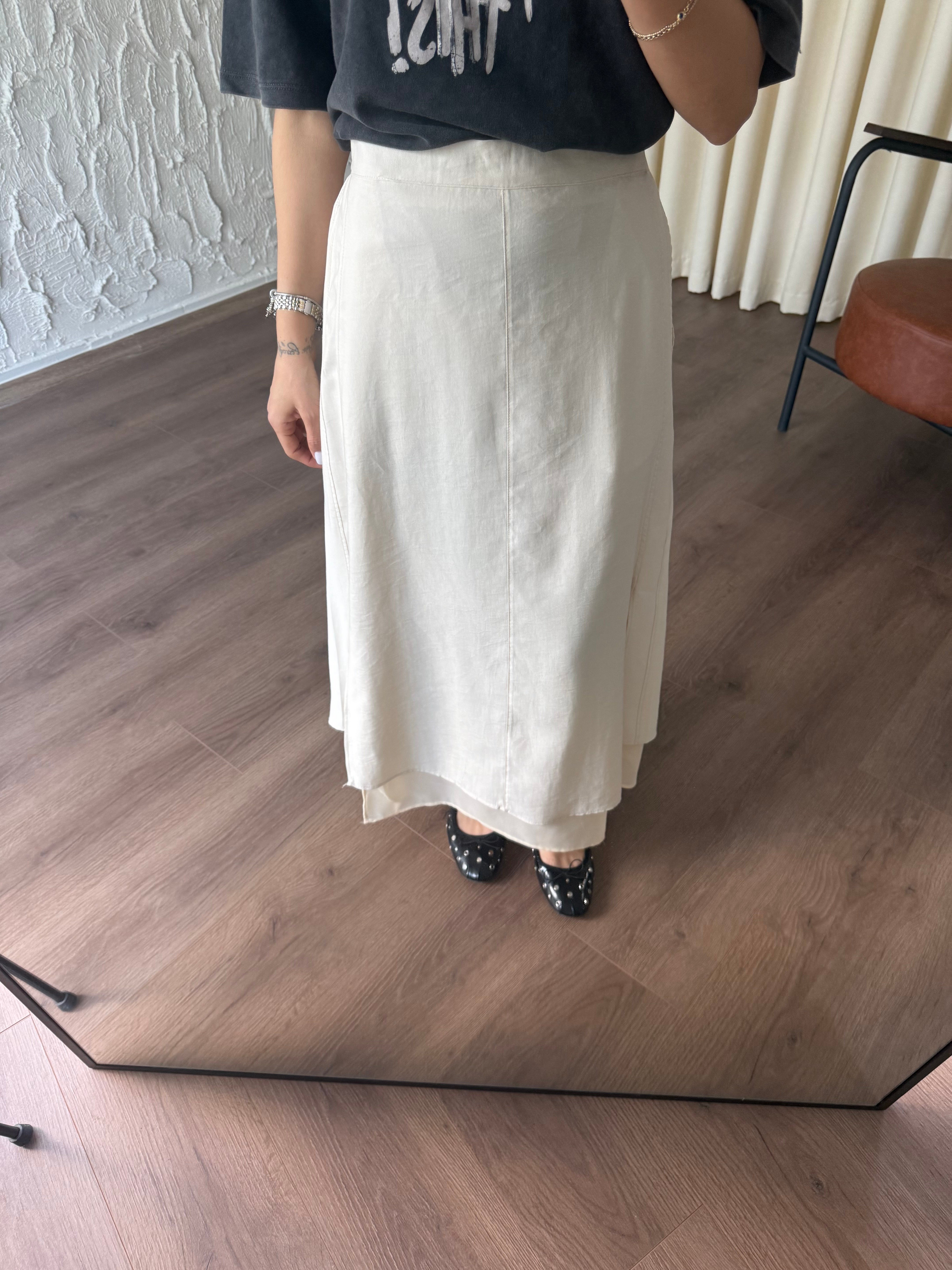 Şifon Garnili Çift Kat Ekru Etek