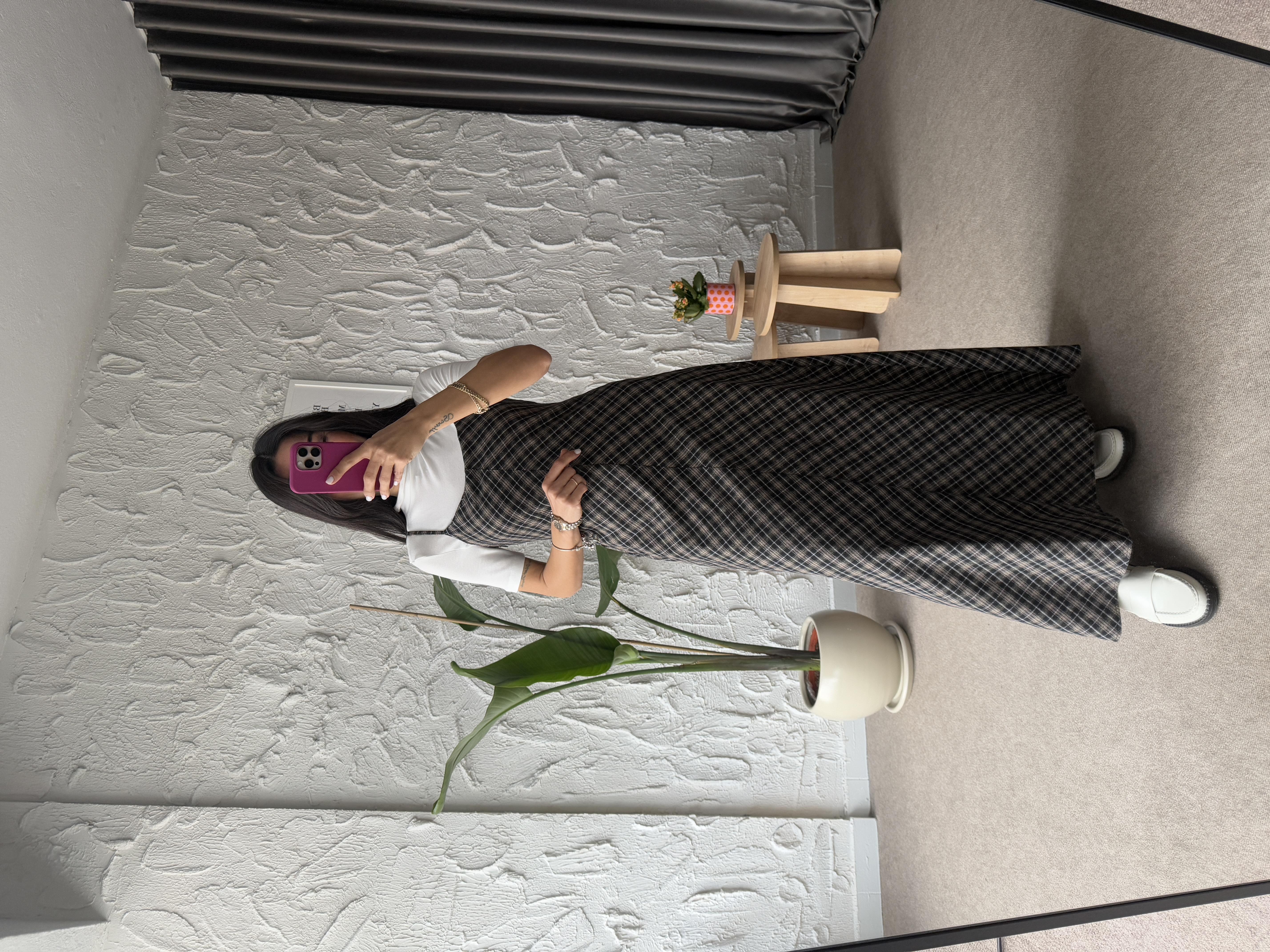 Siyah Ekose Desenli İp Askılı Elbise