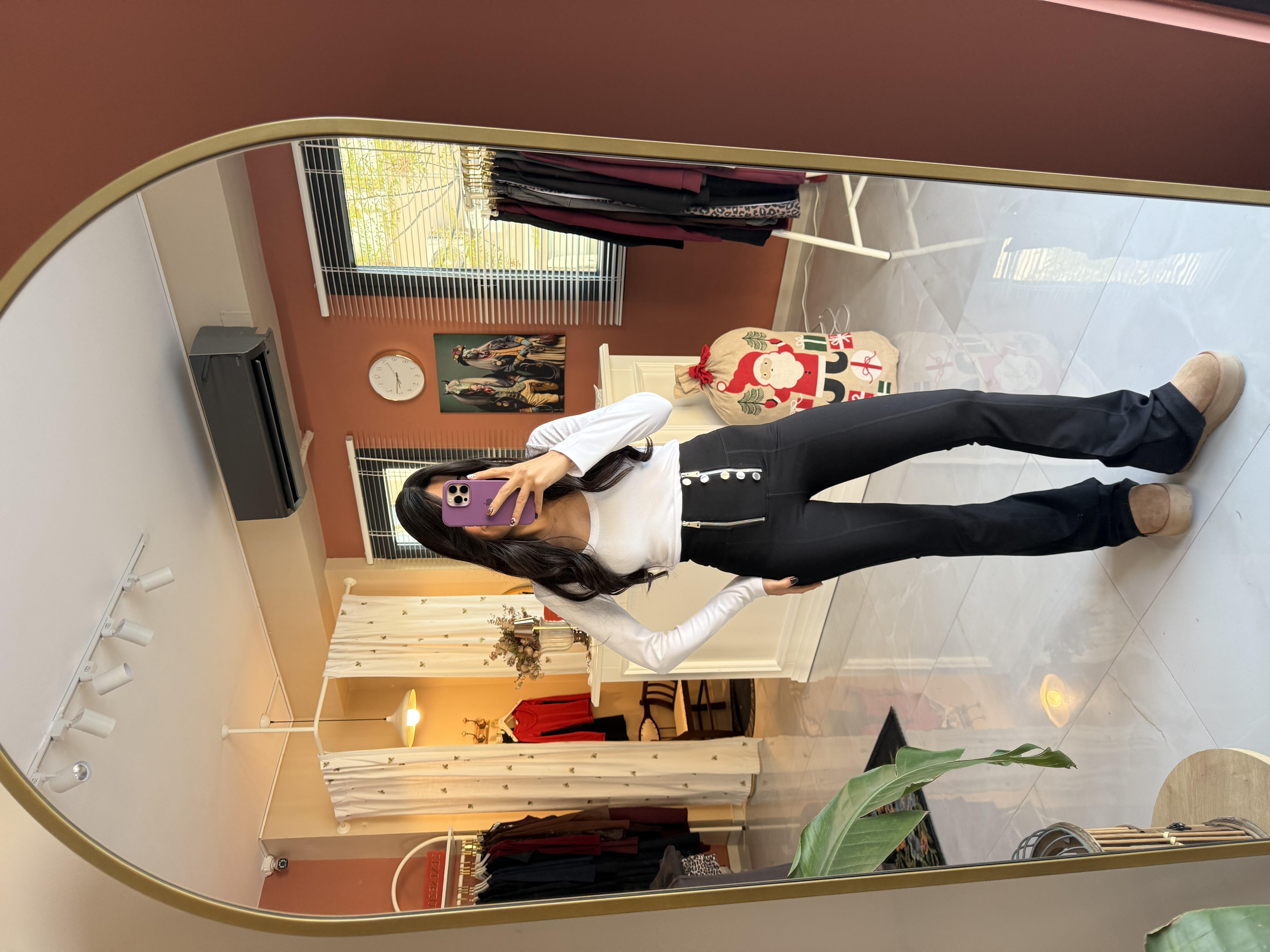 Siyah İspanyol Paça Çift Fermuarlı Düğmeli Tayt