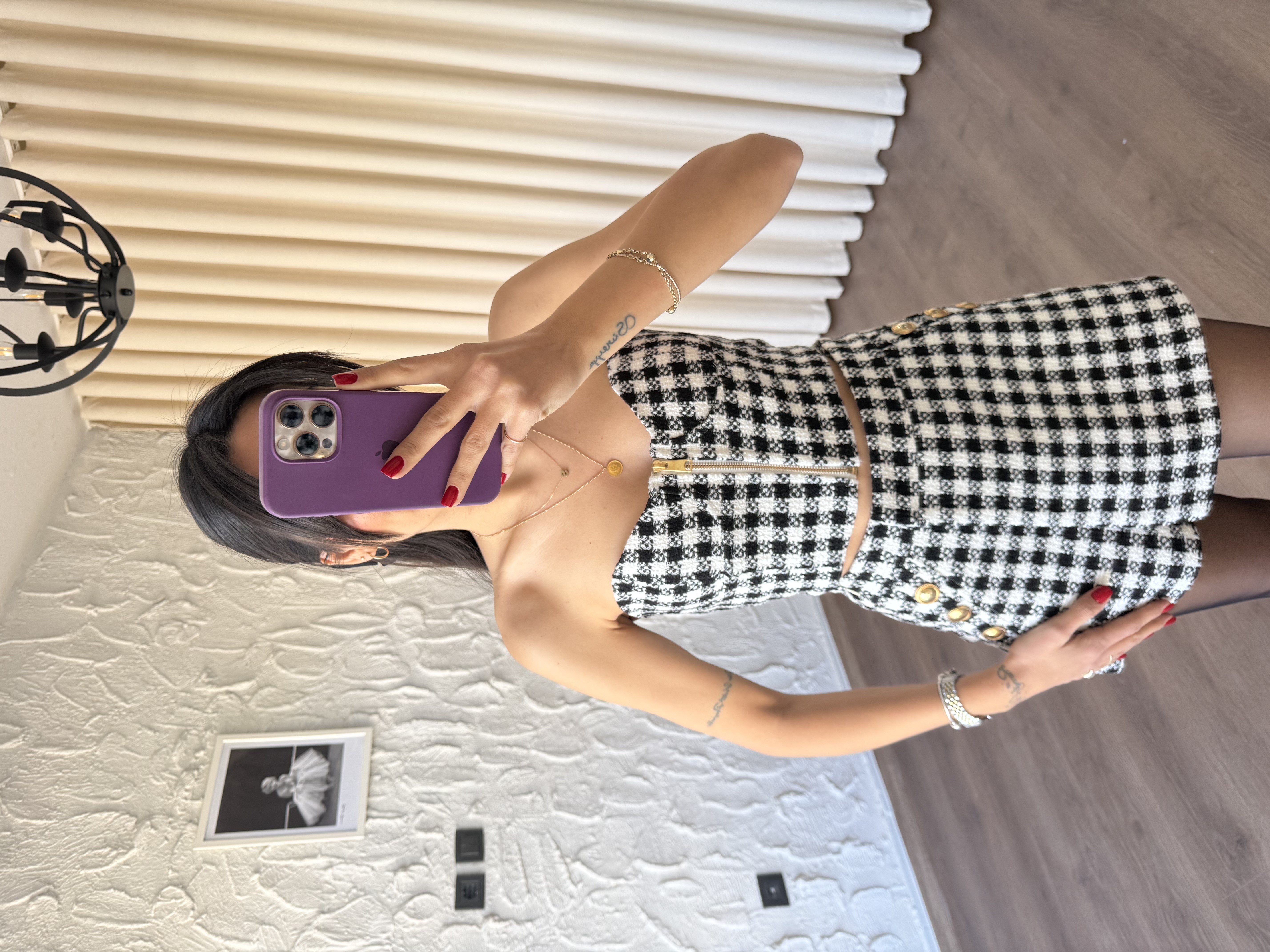 Siyah Pötikareli Fermuarlı Tüvit Bluz